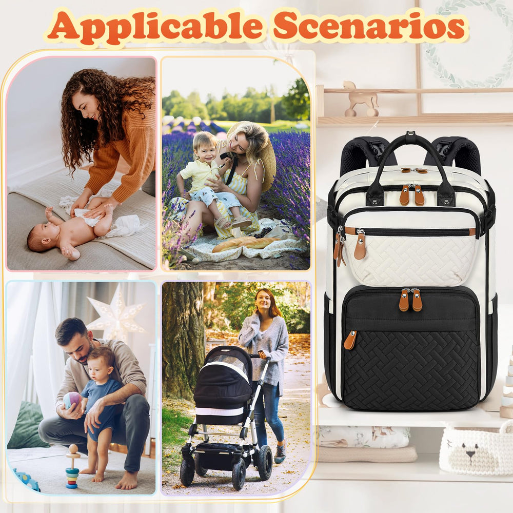 RAINSMORE diaper bag includes stroller straps and luggage strap for travel and commuting.