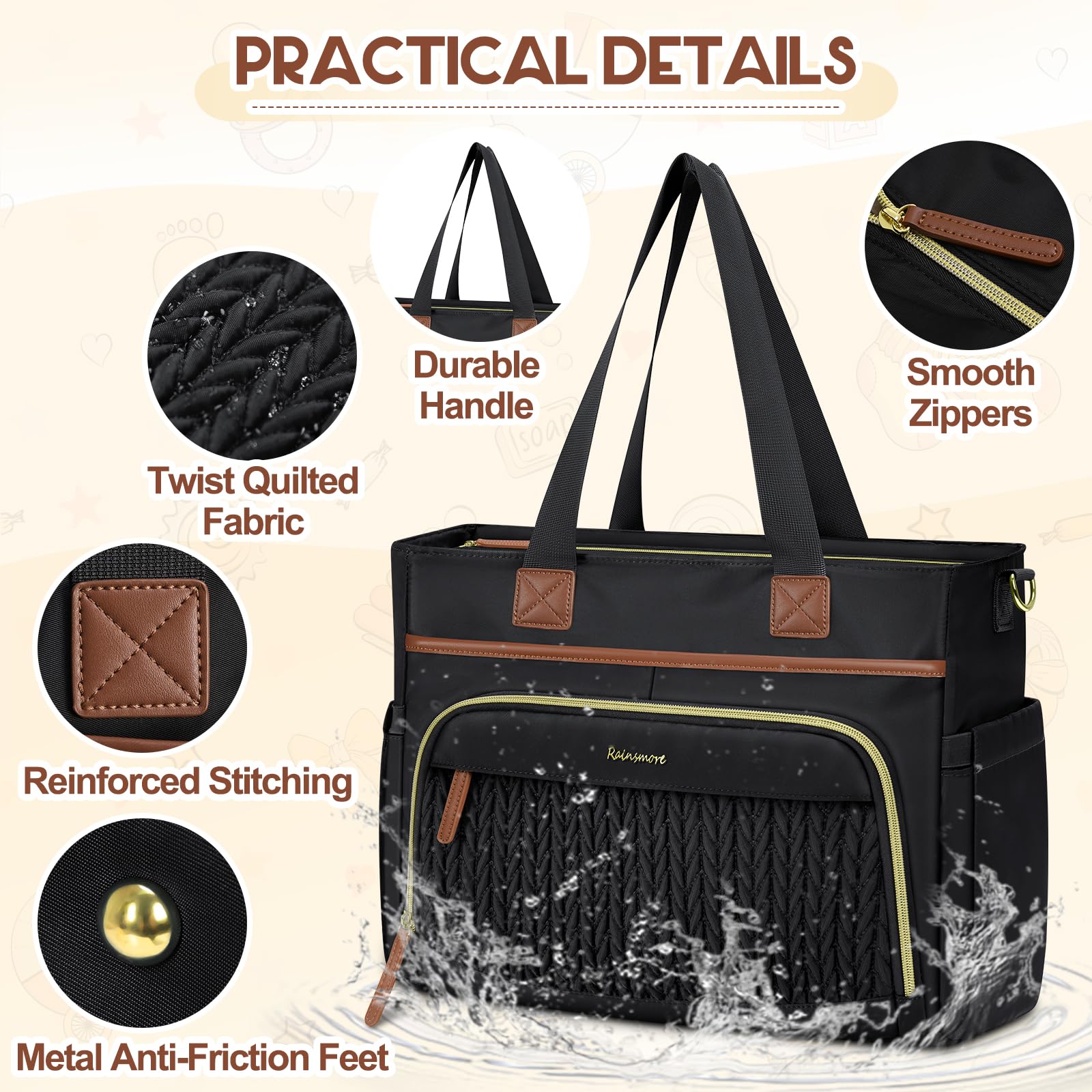 RAINSMORE Diaper Bag Tote changing pad included offers a comfortable surface for diaper changes.