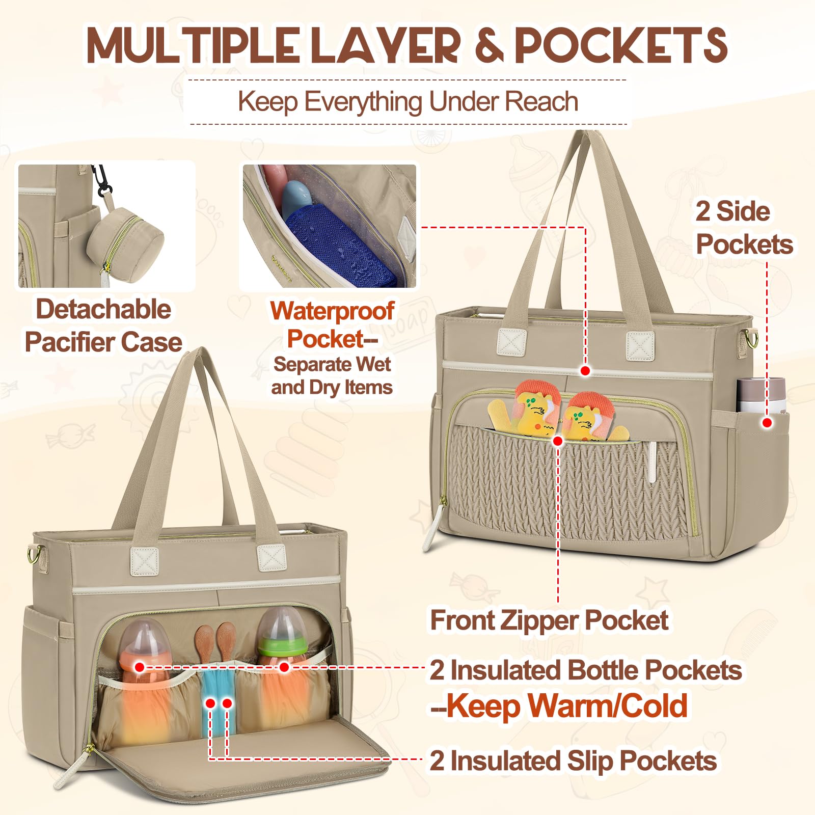 Rainsmore diaper bag tote detachable-pacifier-case keeps pacifiers within easy reach.