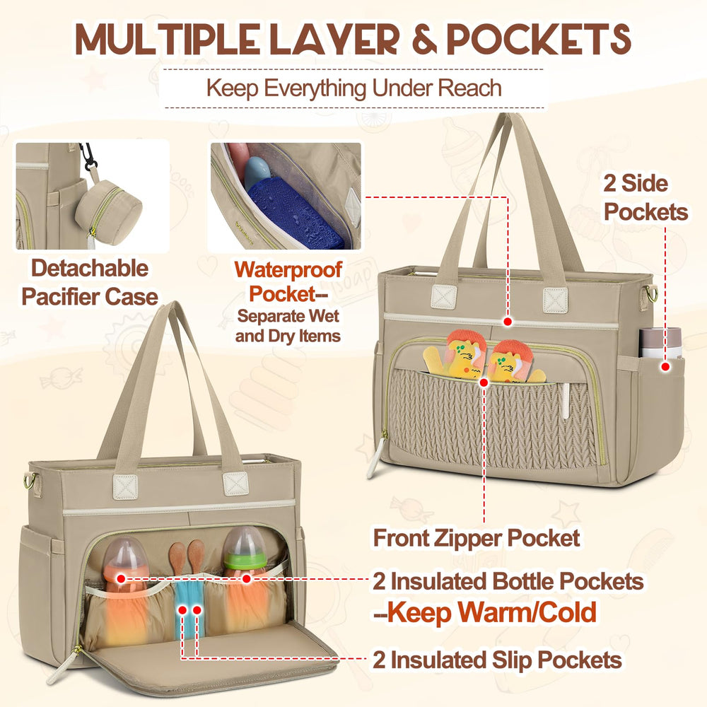 Rainsmore diaper bag tote detachable-pacifier-case keeps pacifiers within easy reach.