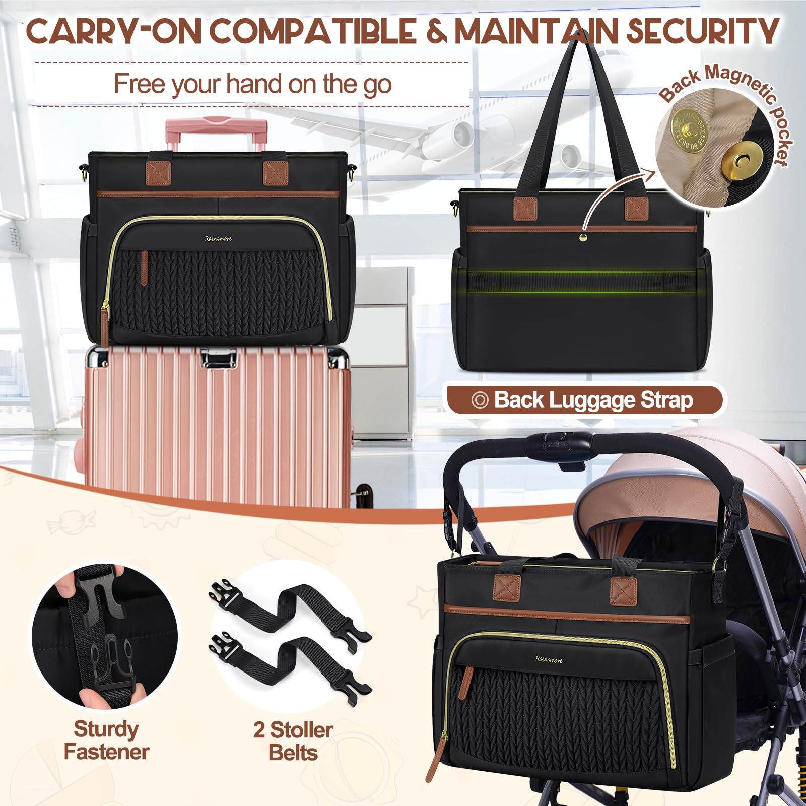 RAINSMORE Diaper Bag Tote detachable pacifier case provides quick pacifier access.