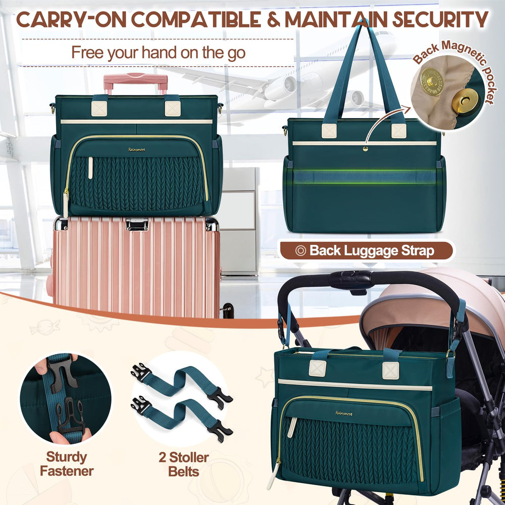 RAINSMORE diaper bag tote detachable pacifier case for easy access.