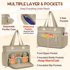 Rainsmore diaper bag tote detachable-pacifier-case keeps pacifiers within easy reach.