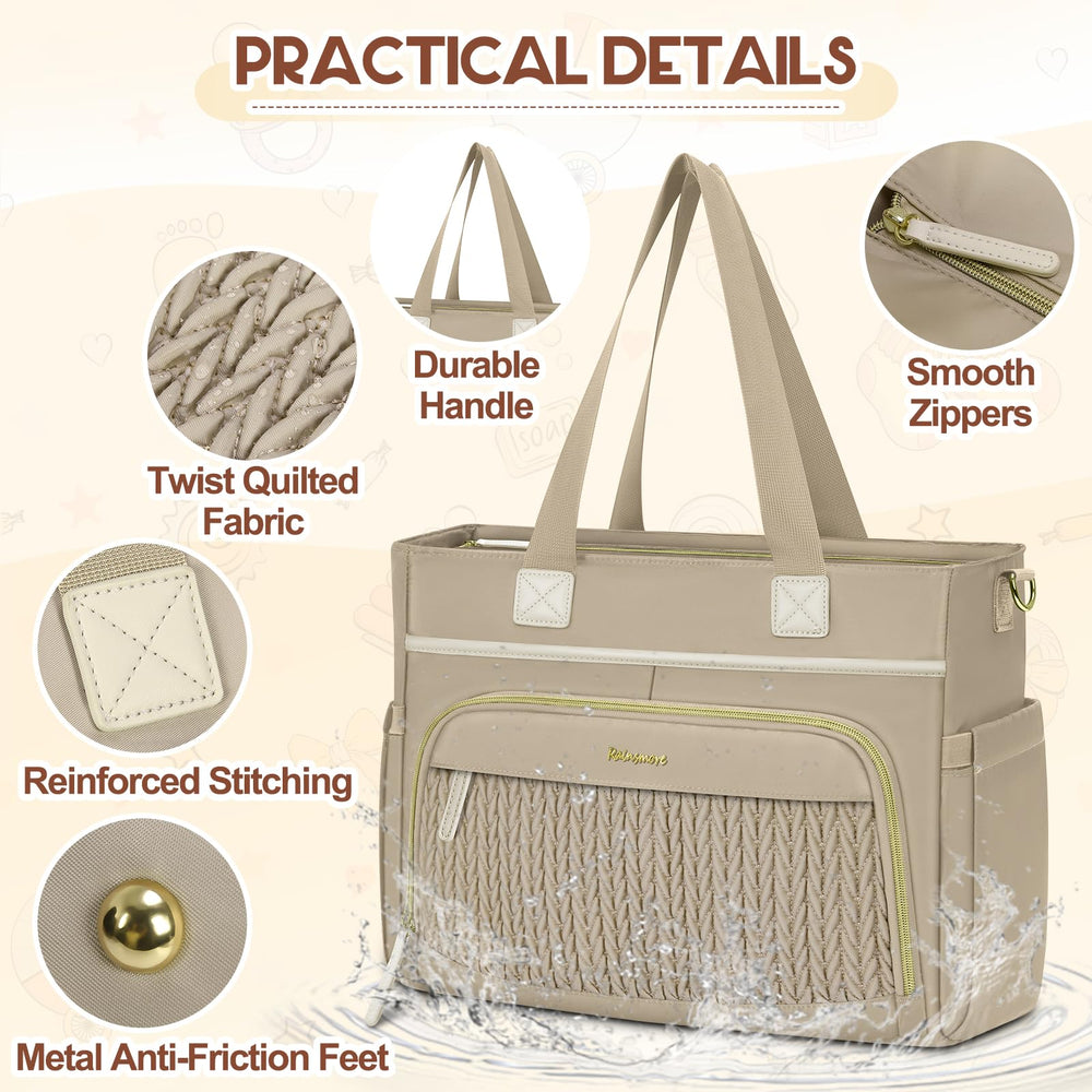 Rainsmore diaper bag tote durable-design withstands daily wear with scratch-resistant fabric and metal feet.