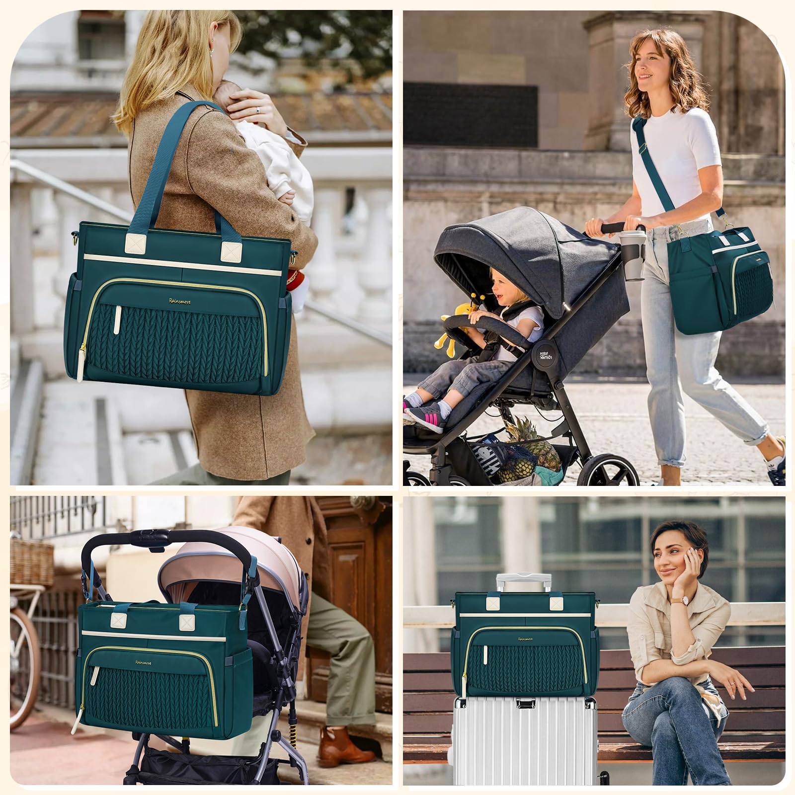RAINSMORE diaper bag tote durable design with water-resistant fabric.