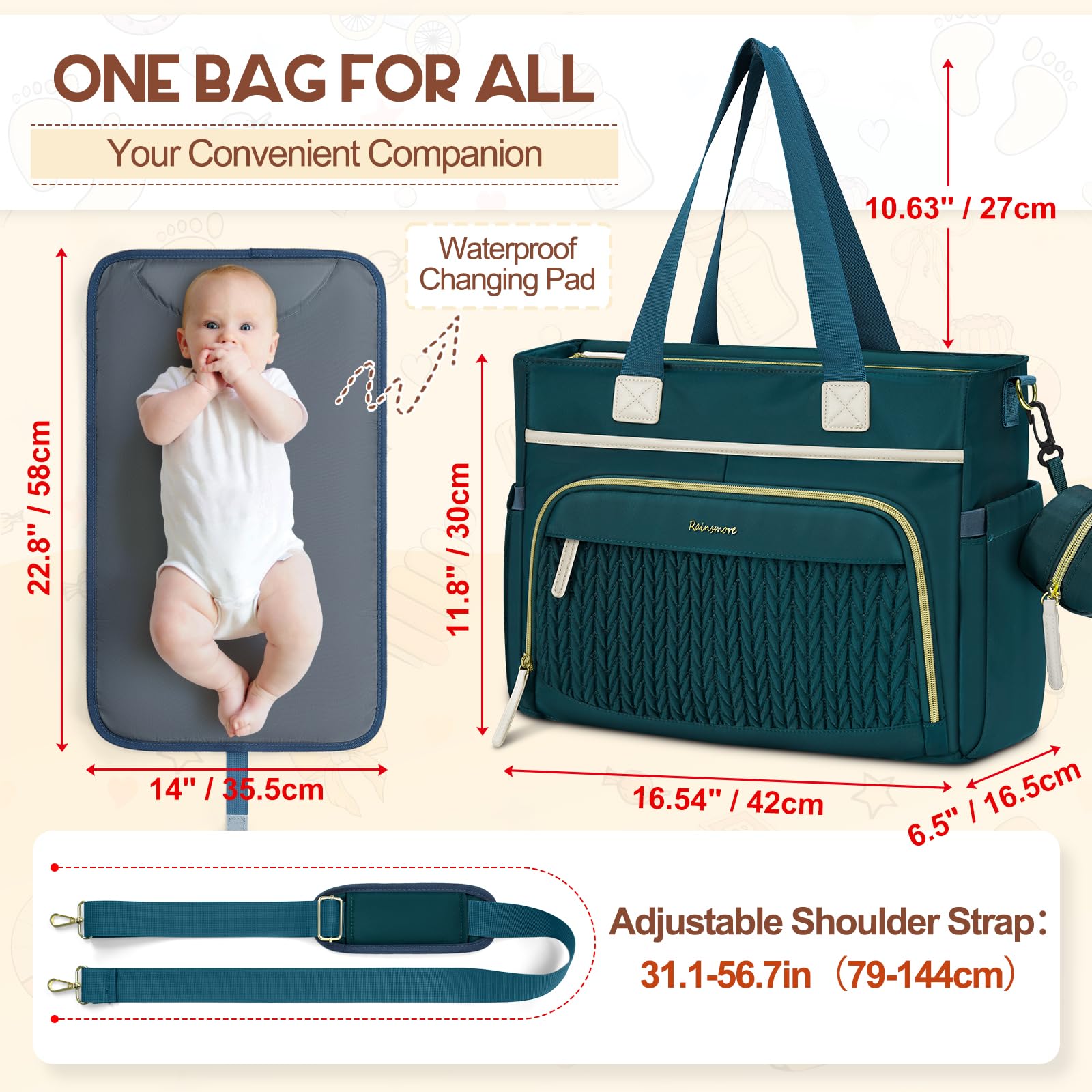 RAINSMORE diaper bag tote front organized pockets keep bottles and items within reach.