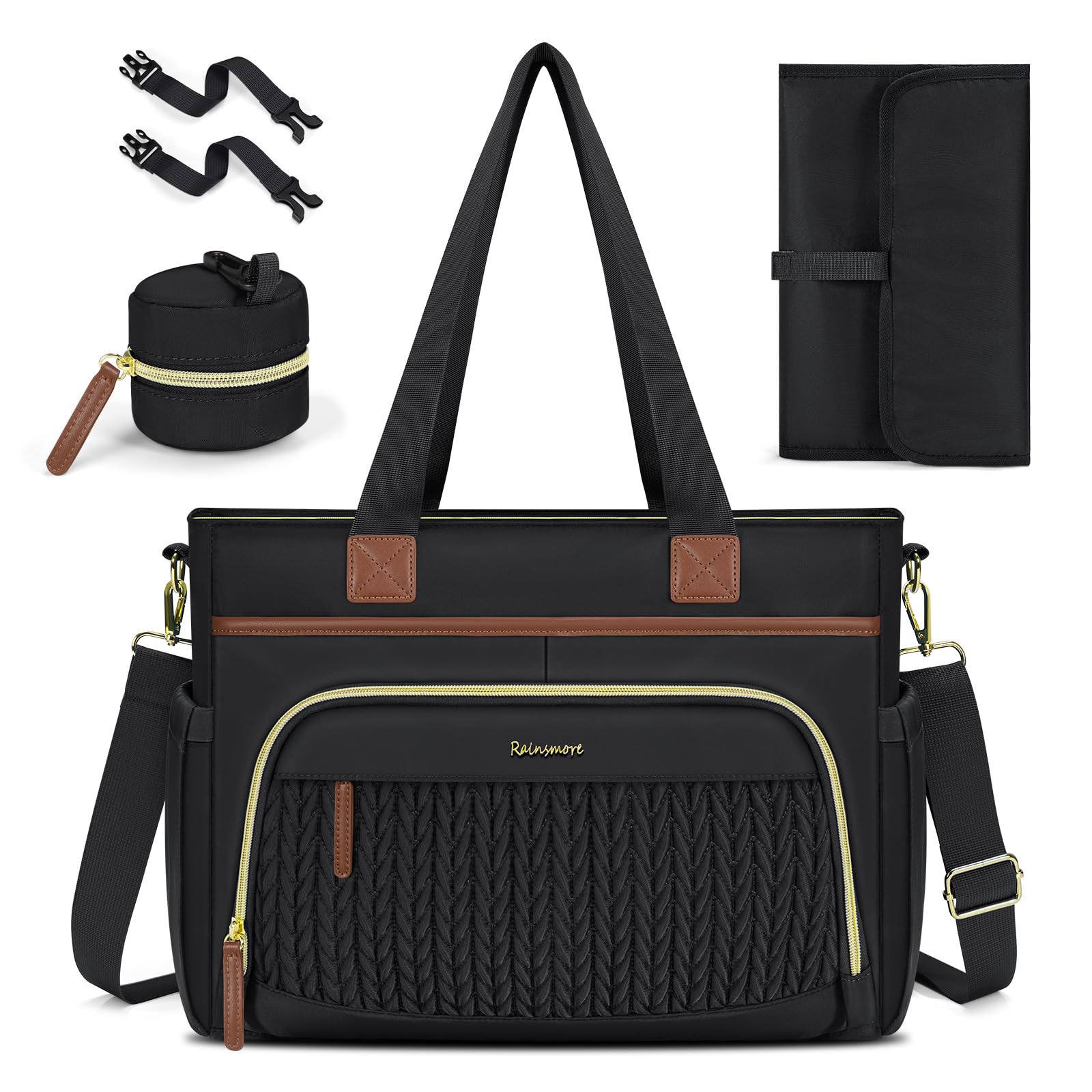 RAINSMORE Diaper Bag Tote front pocket organization keeps keys and diapers within reach.