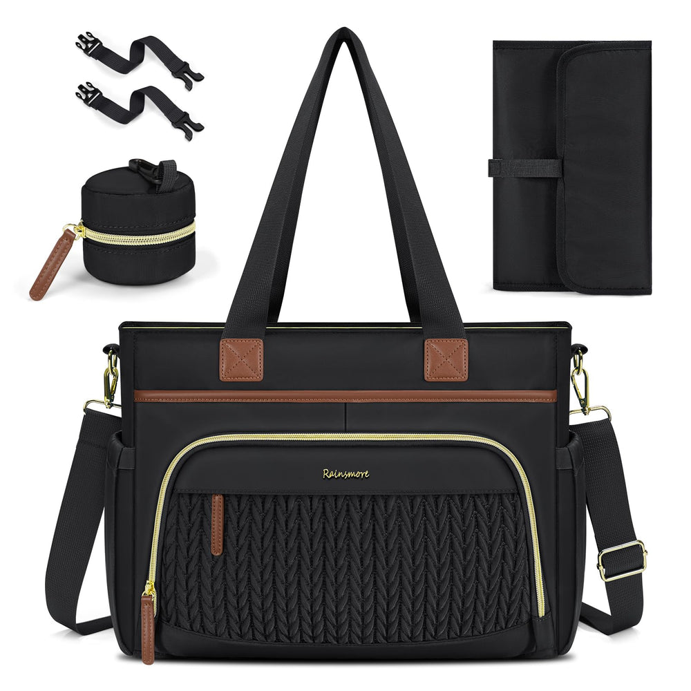 RAINSMORE Diaper Bag Tote front pocket organization keeps keys and diapers within reach.