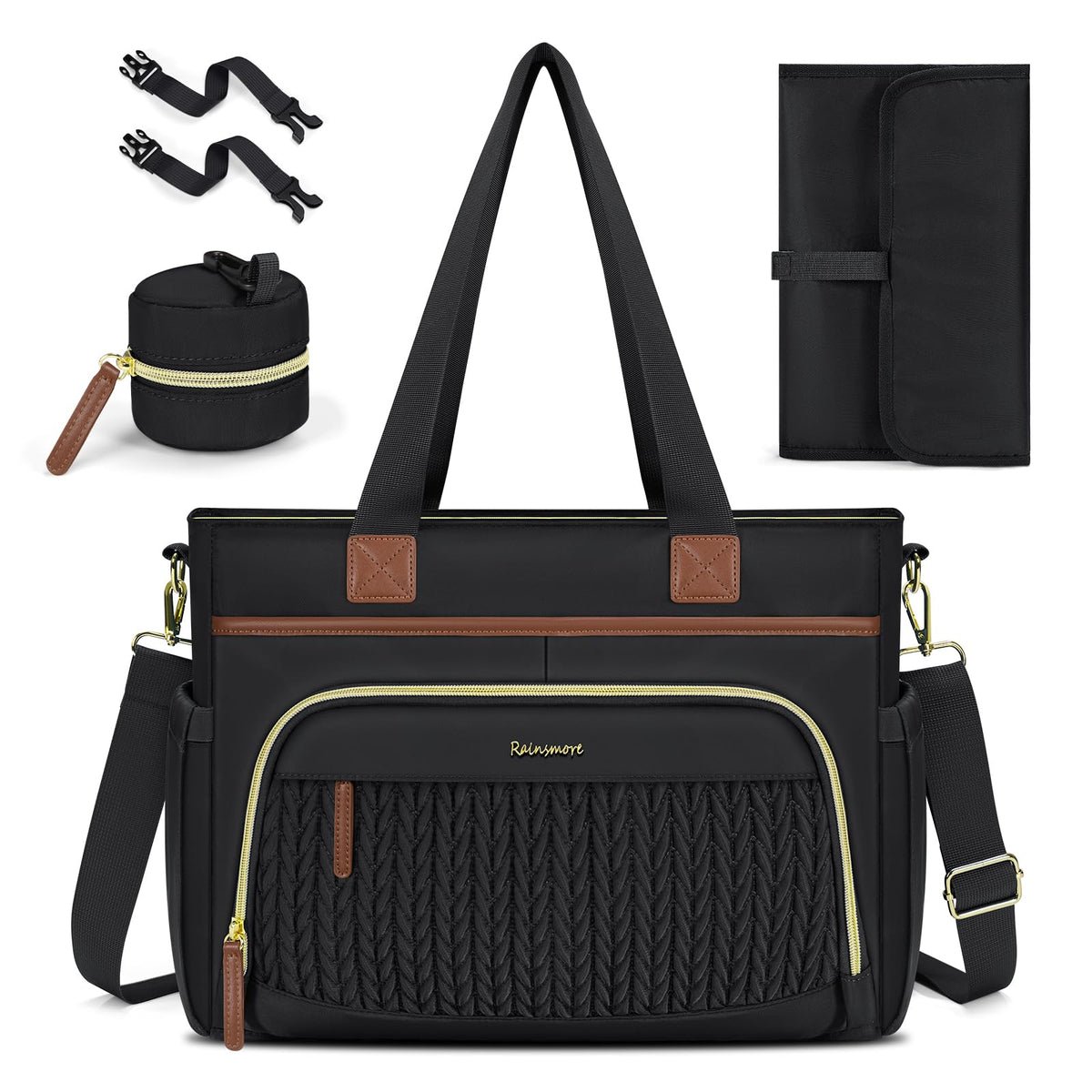 RAINSMORE Diaper Bag Tote front pocket organization keeps keys and diapers within reach.