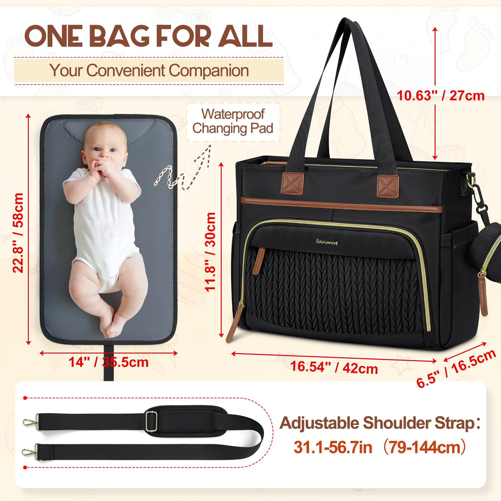 RAINSMORE Diaper Bag Tote inside layout helps quickly locate wipes and extras during outings.