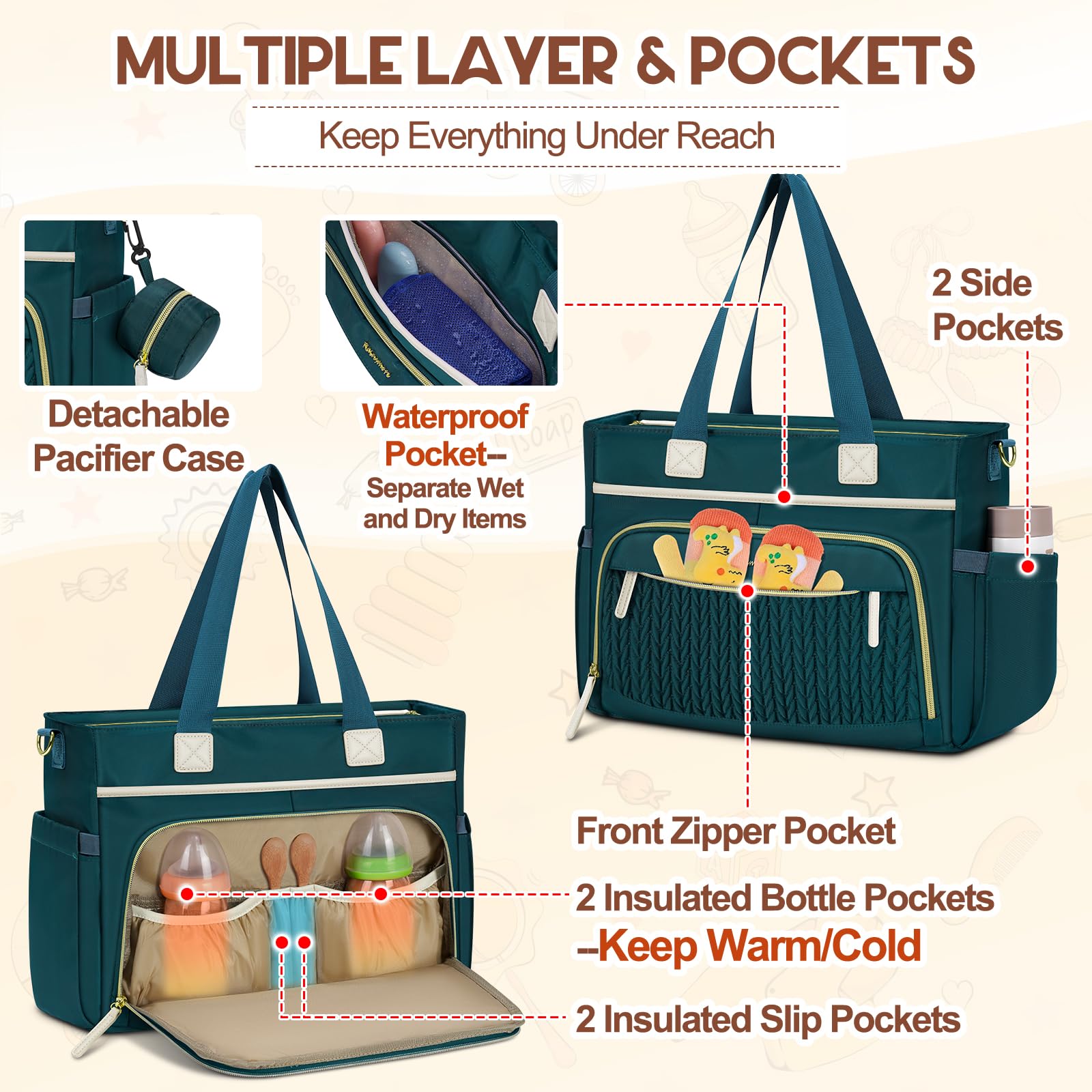 RAINSMORE diaper bag tote insulated bottle pockets maintain drinks at temperature.