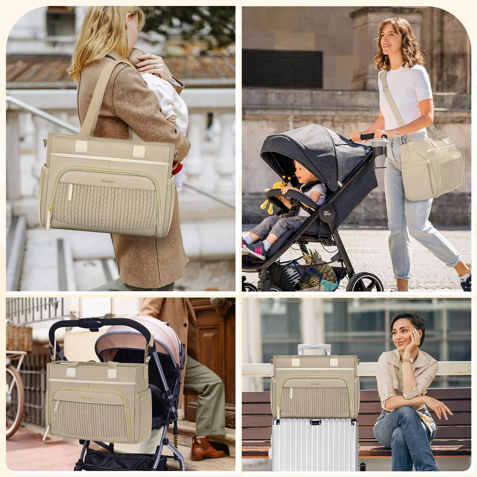 Rainsmore diaper bag tote travel-options shows crossbody, stroller, and luggage-sleeve compatibility.