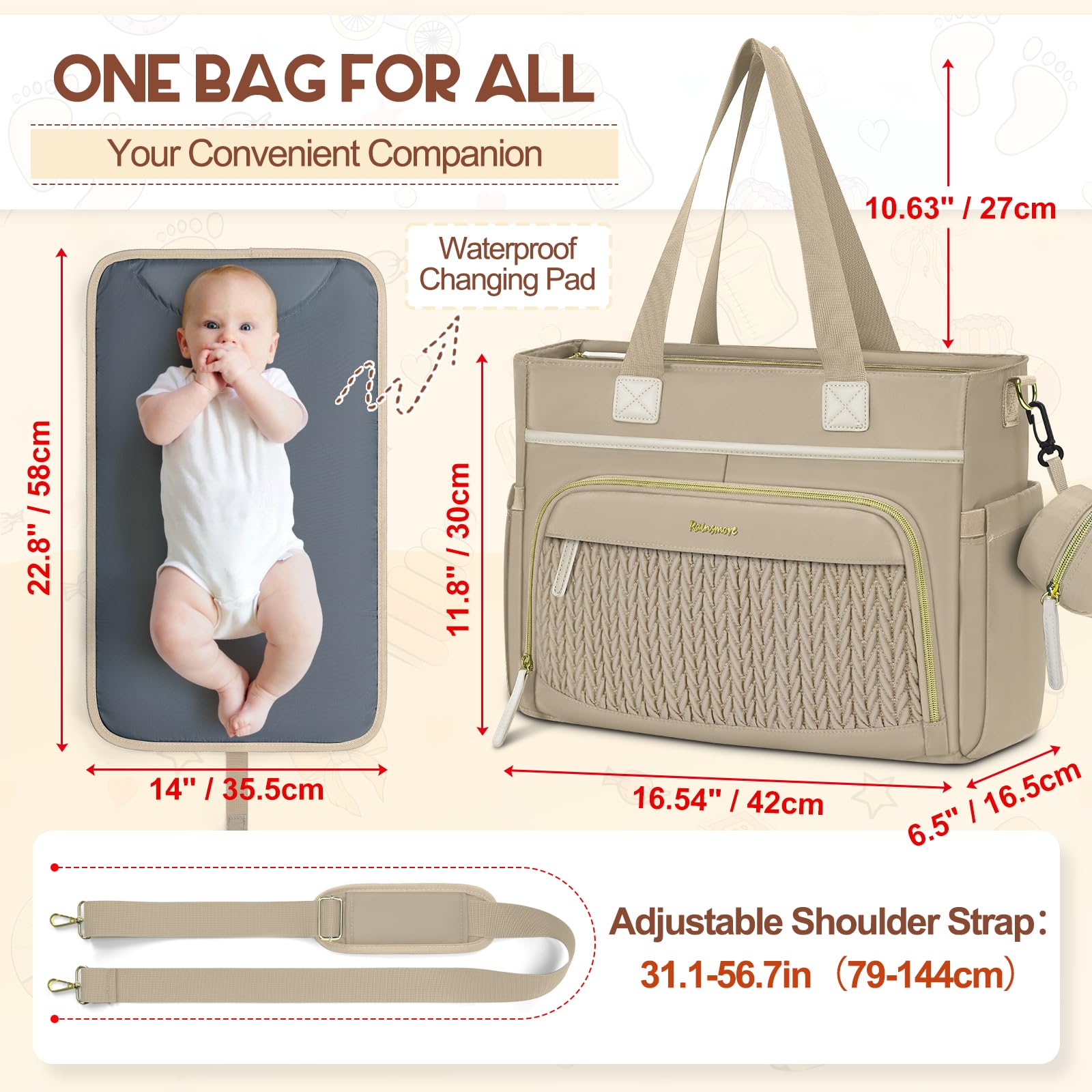 Rainsmore diaper bag tote waterproof-pocket demonstrates wet item separation for mess-free outings.