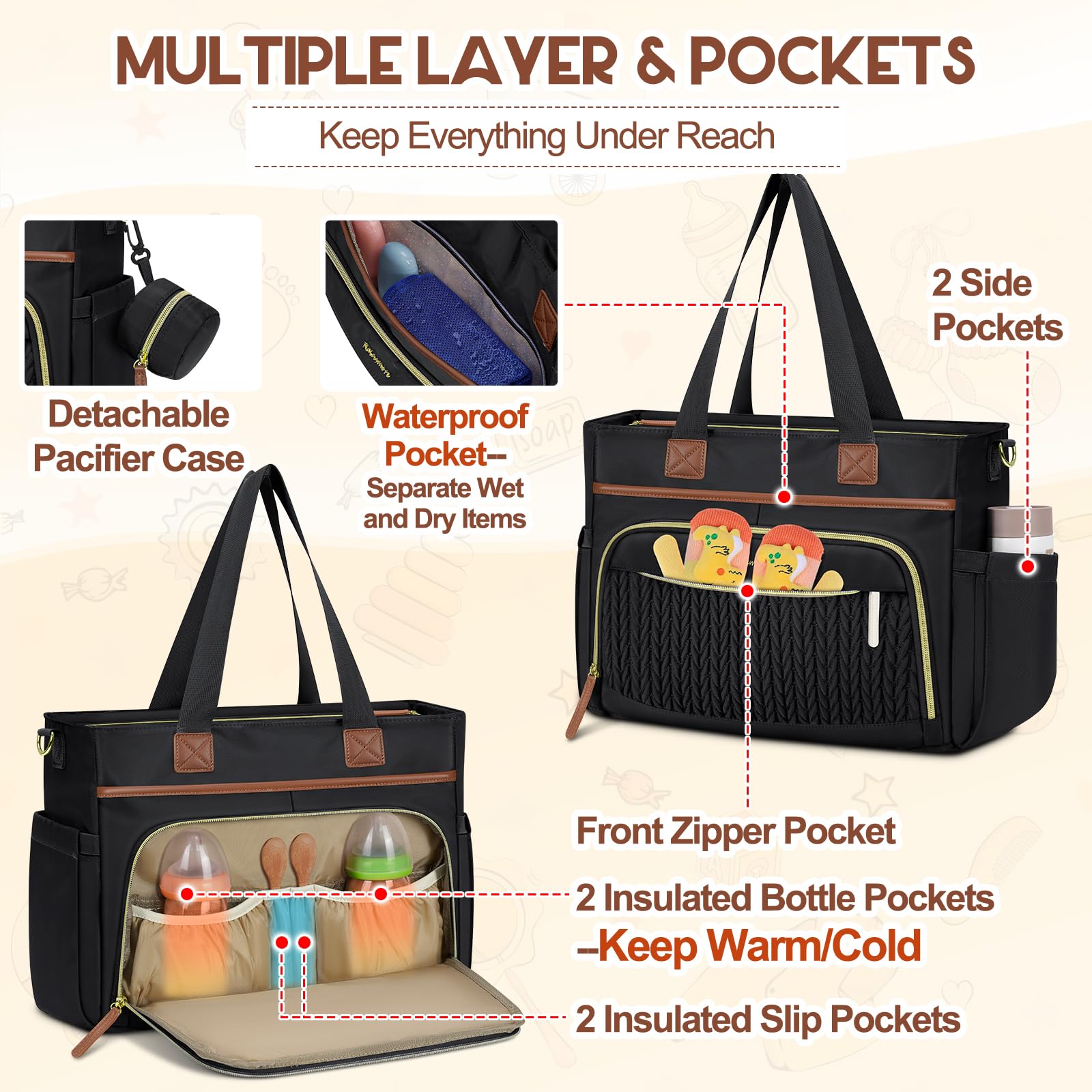 RAINSMORE Diaper Bag Tote waterproof pocket isolates damp items on wet days.