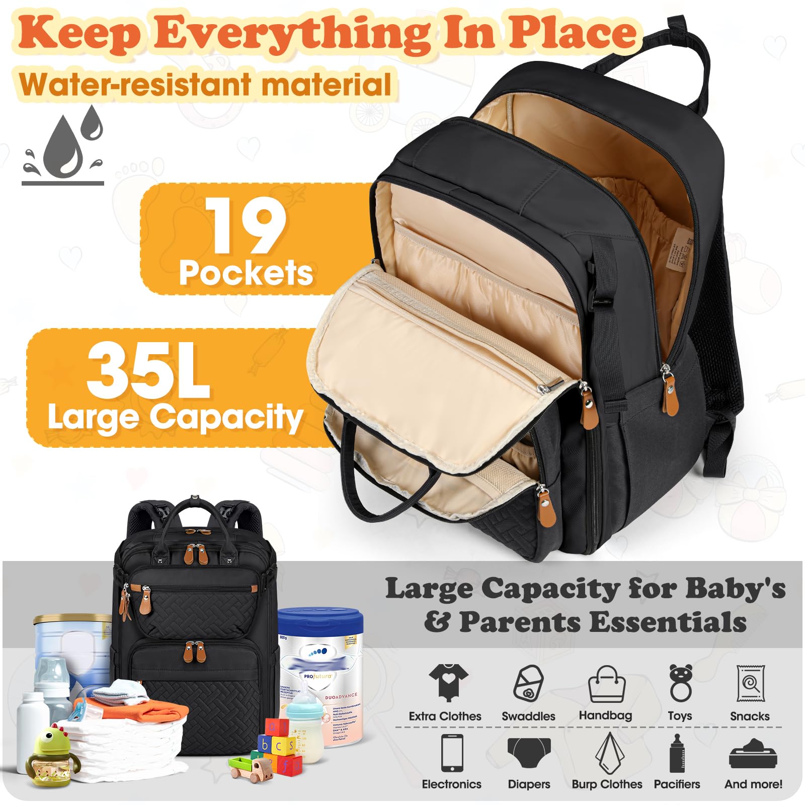 RAINSMORE diaper bag with stroller straps and luggage strap makes travel easier