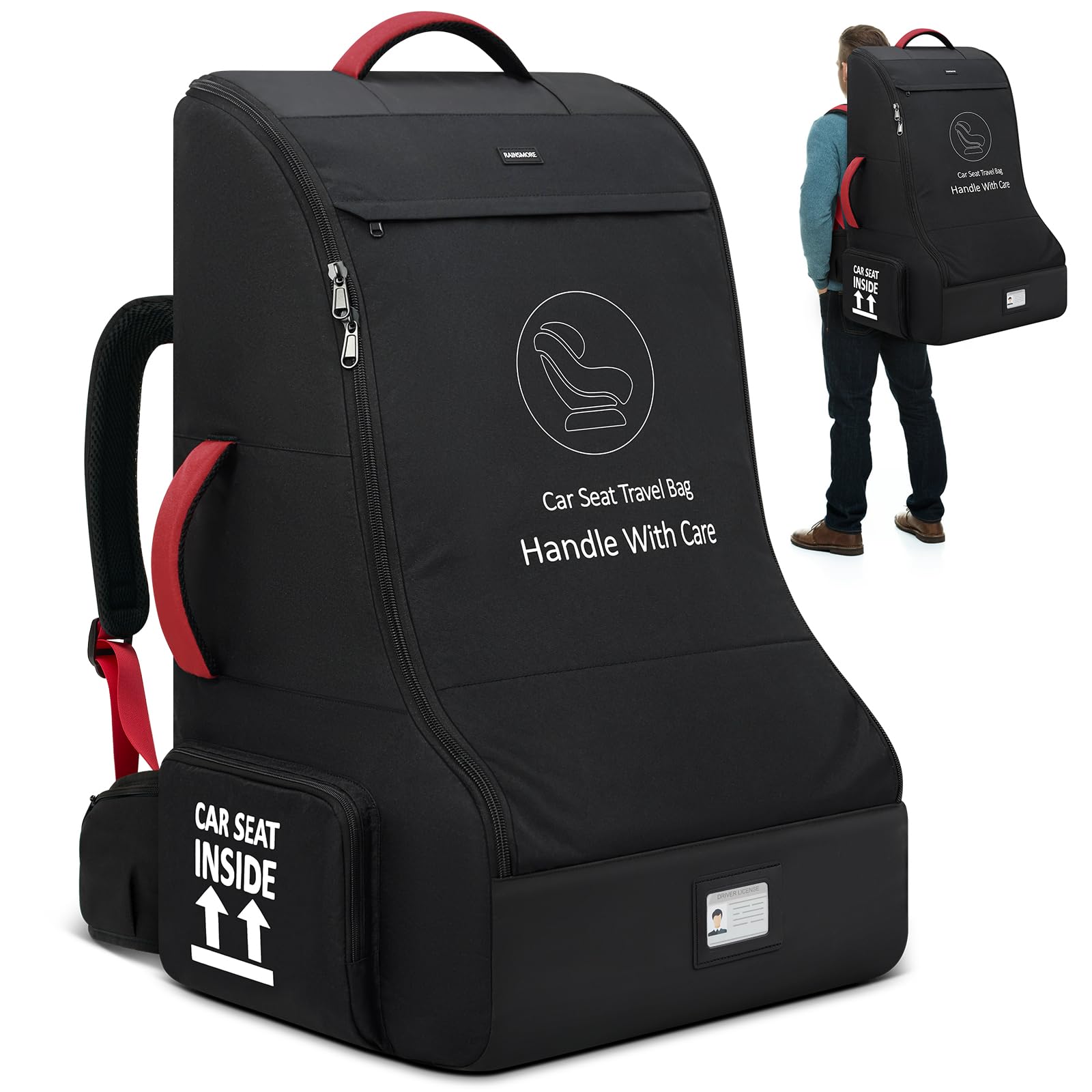 RAINSMORE padded car seat travel bag airplane back view for protection.