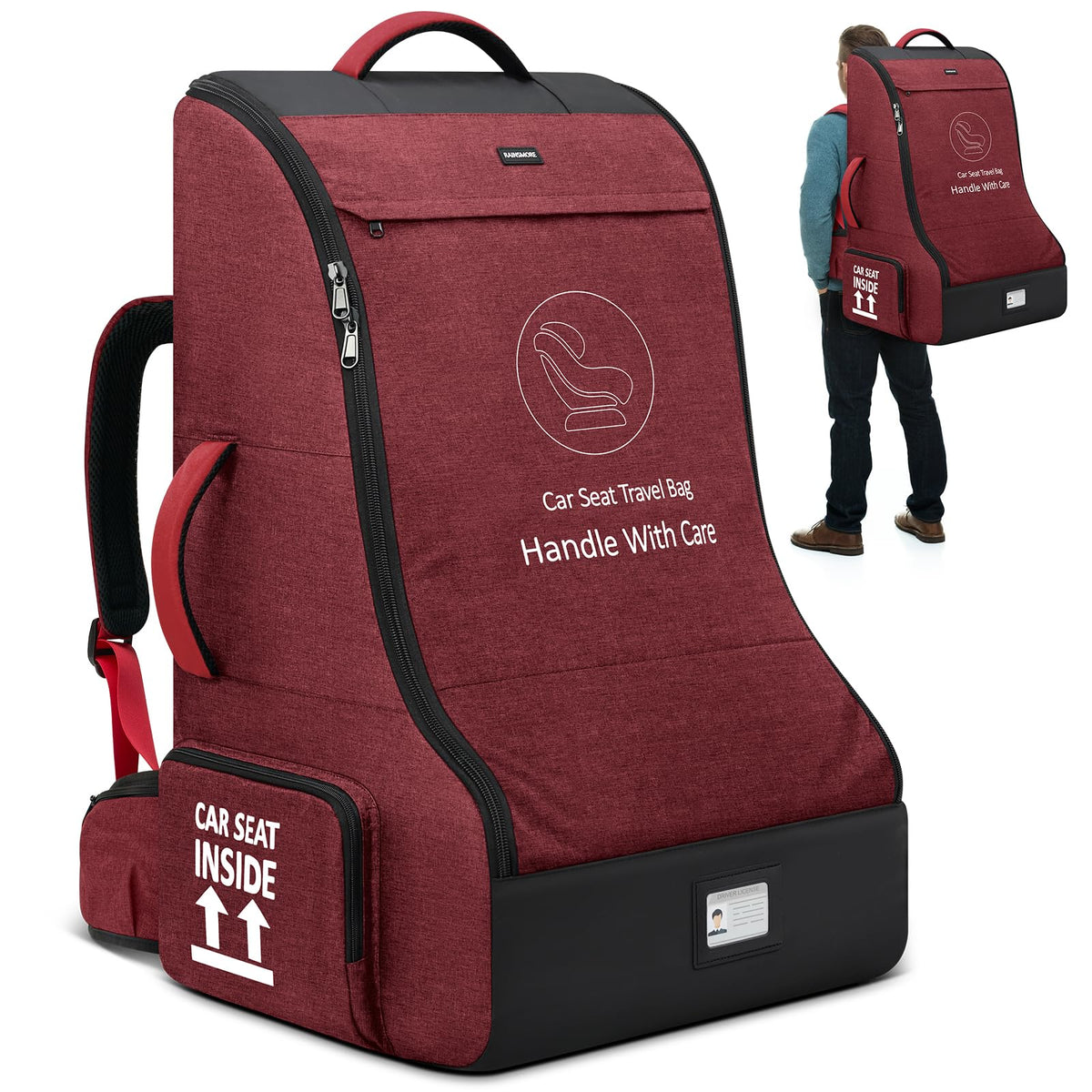 RAINSMORE padded-car-seat-travel-bag front view showing roomy interior for seat and accessories