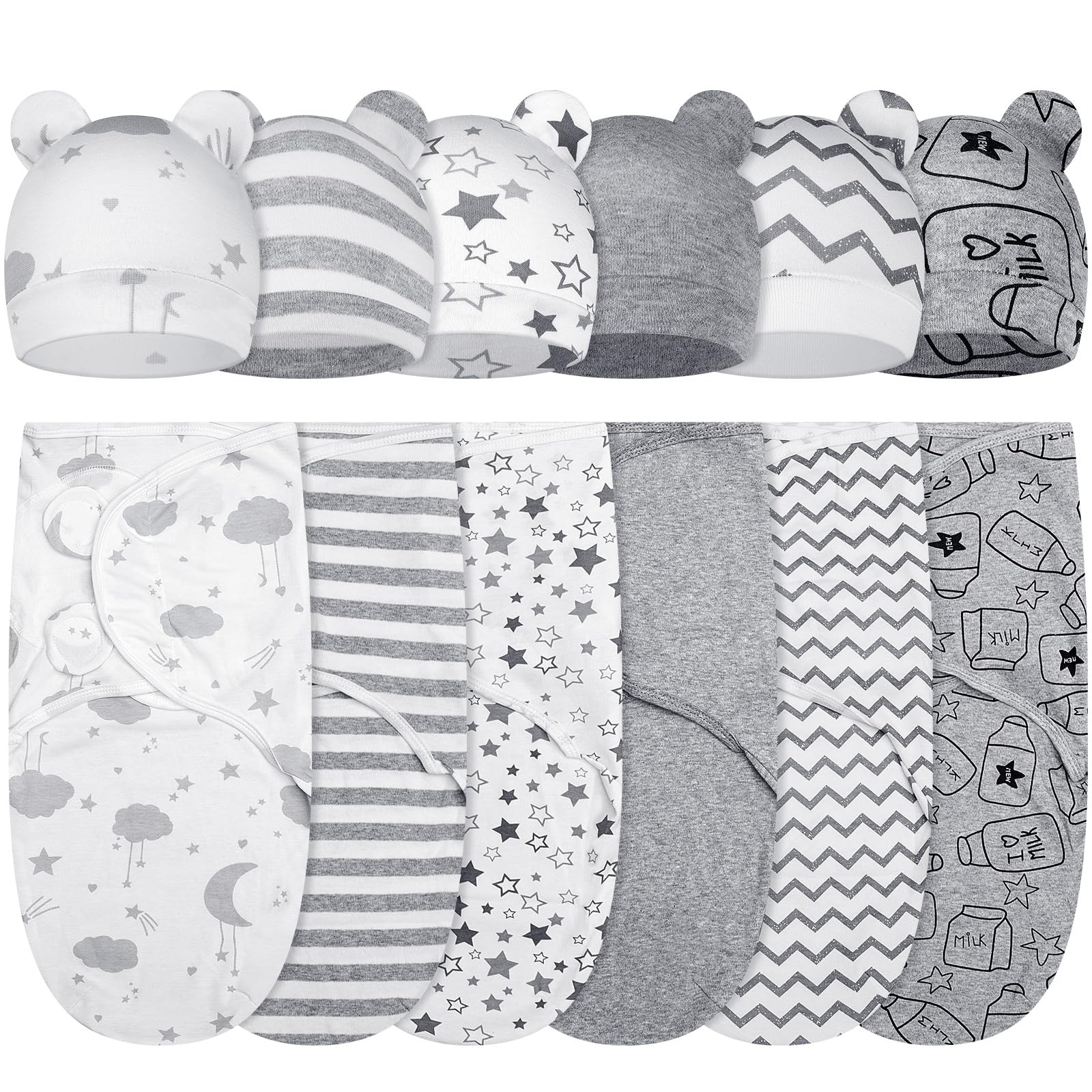 Ramede 6-pack swaddle blankets with hats in cloud grey package for newborn comfort.