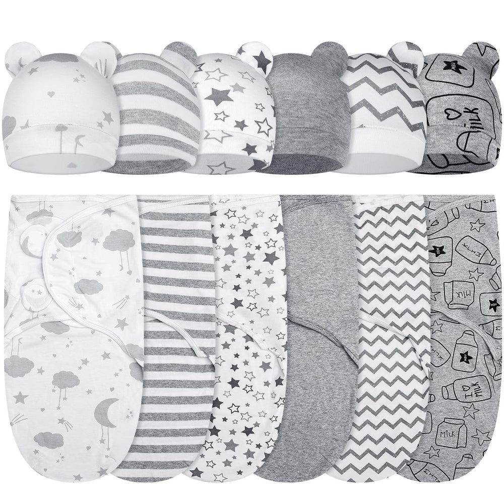 Ramede 6-pack swaddle blankets with hats in cloud grey package for newborn comfort.