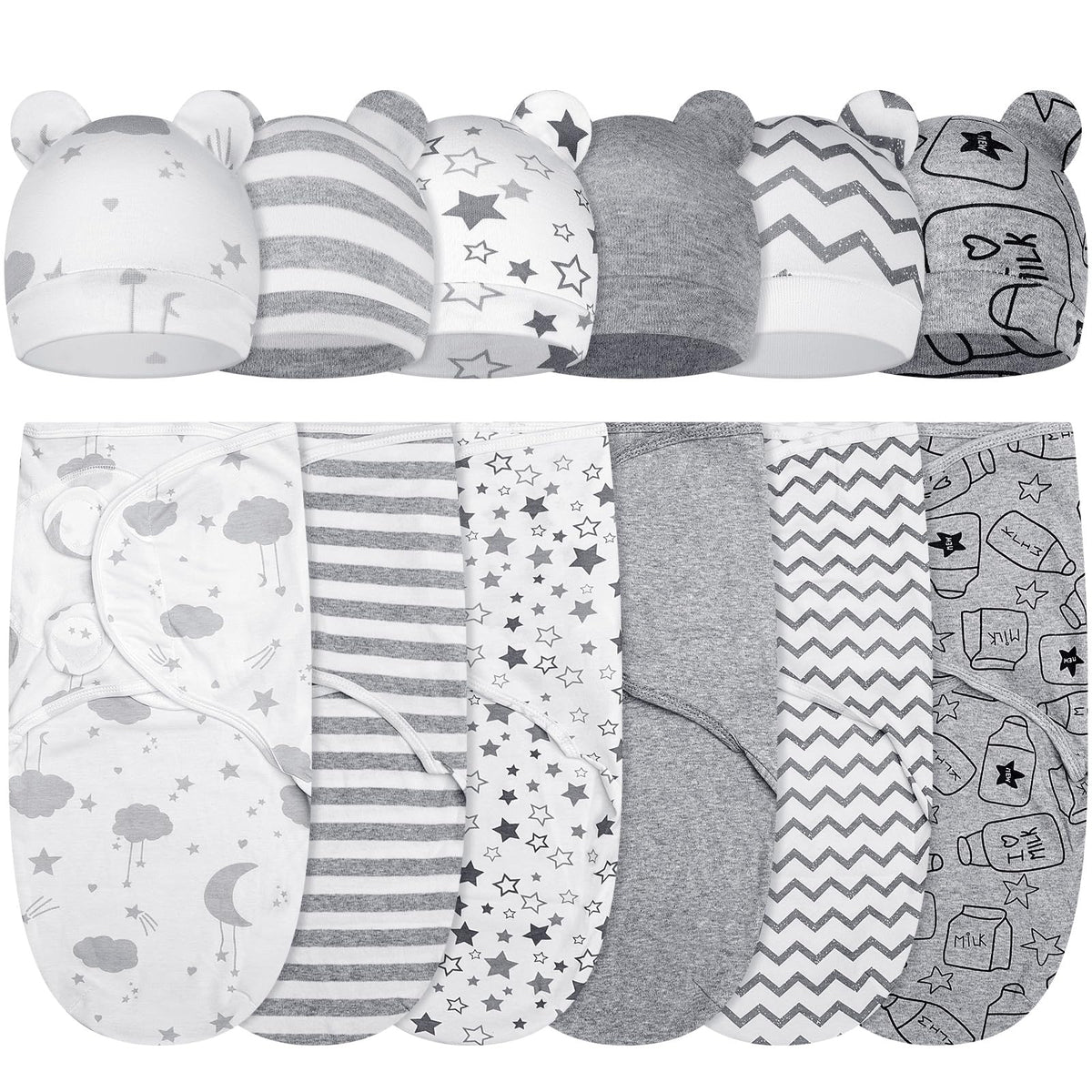 Ramede 6-pack swaddle blankets with hats in cloud grey package for newborn comfort.