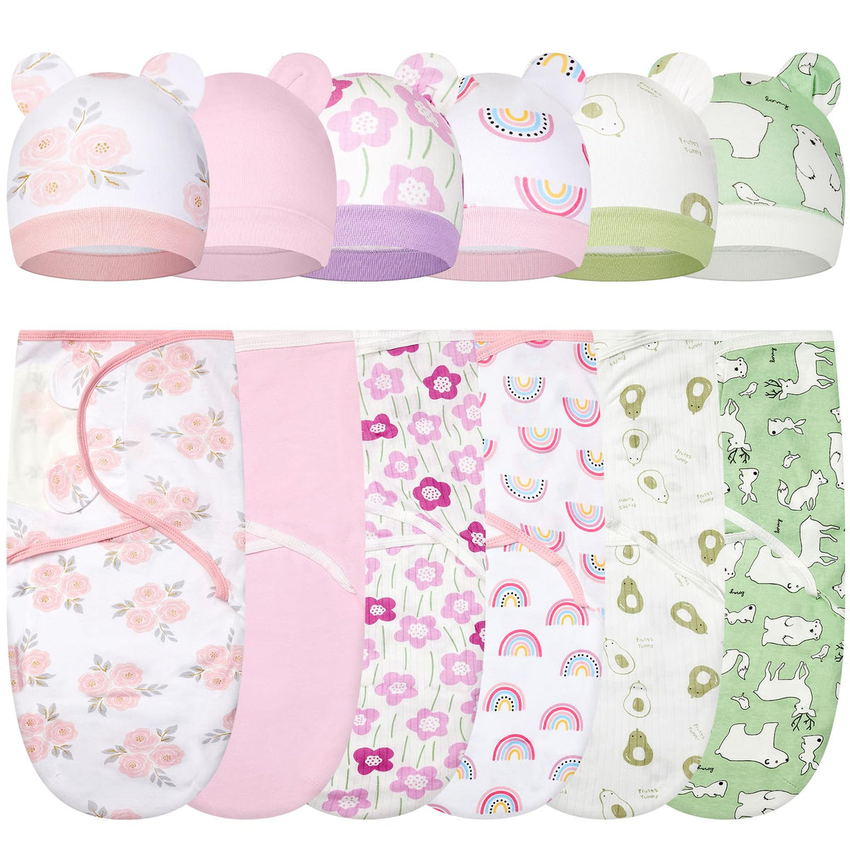 Ramede swaddle blankets close-up of flower pink green print, breathable cotton for gentle newborn comfort.