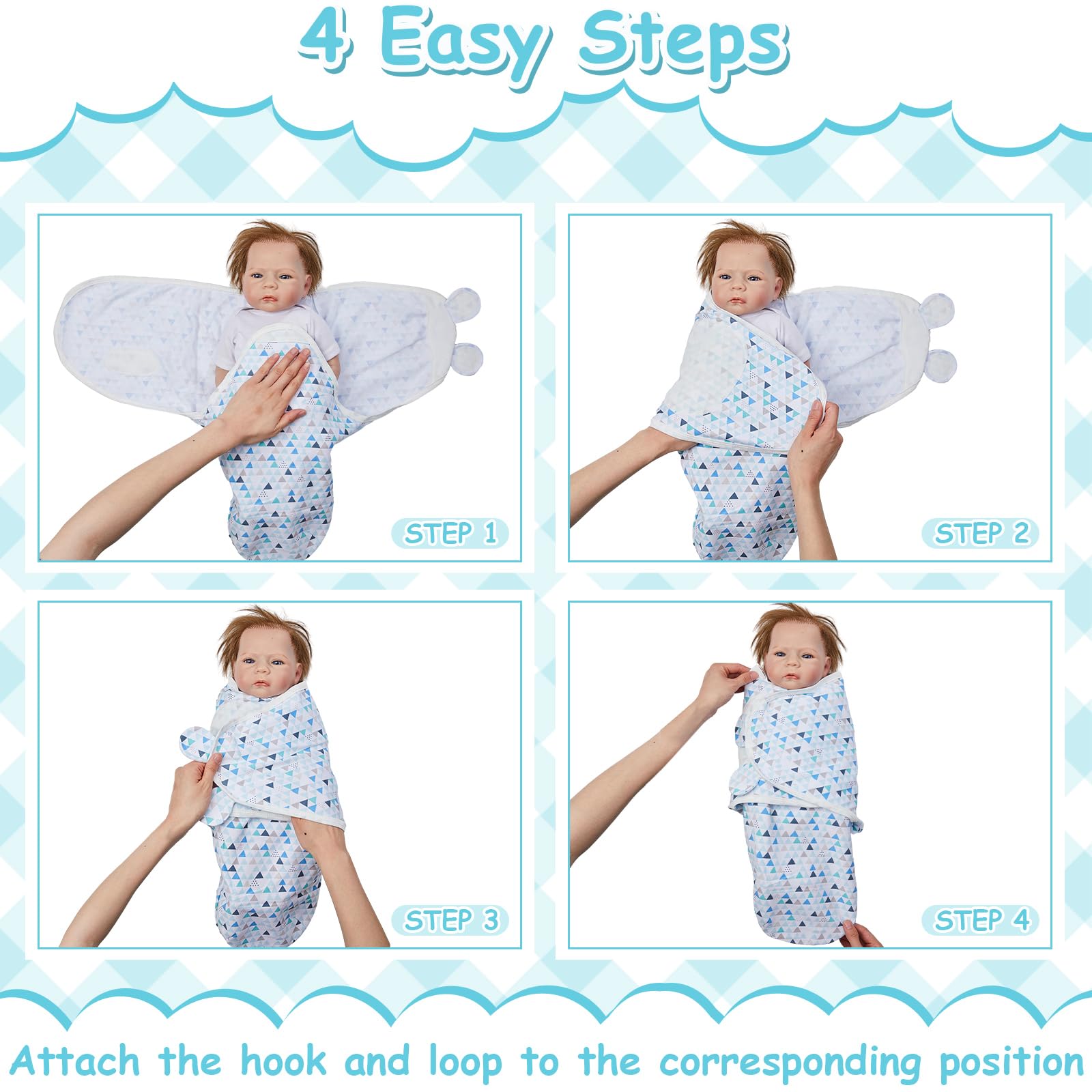 Ramede adjustable swaddle demonstrates 6-13 lbs fit for growing infants.