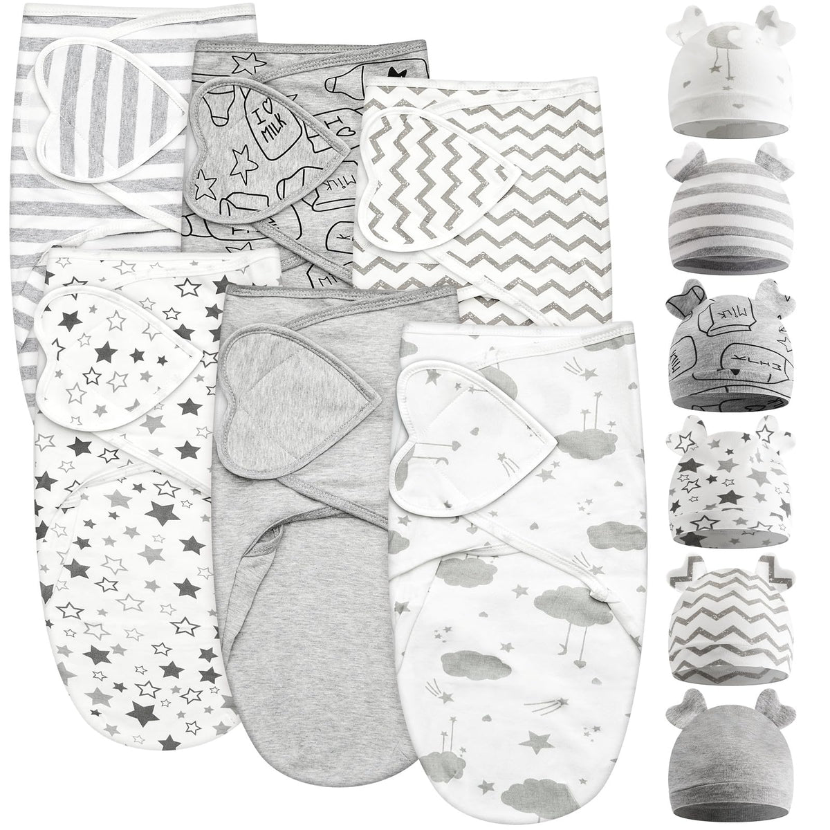 Ramede swaddle blanket 6-pack grey hearts provides cozy newborn coverage.