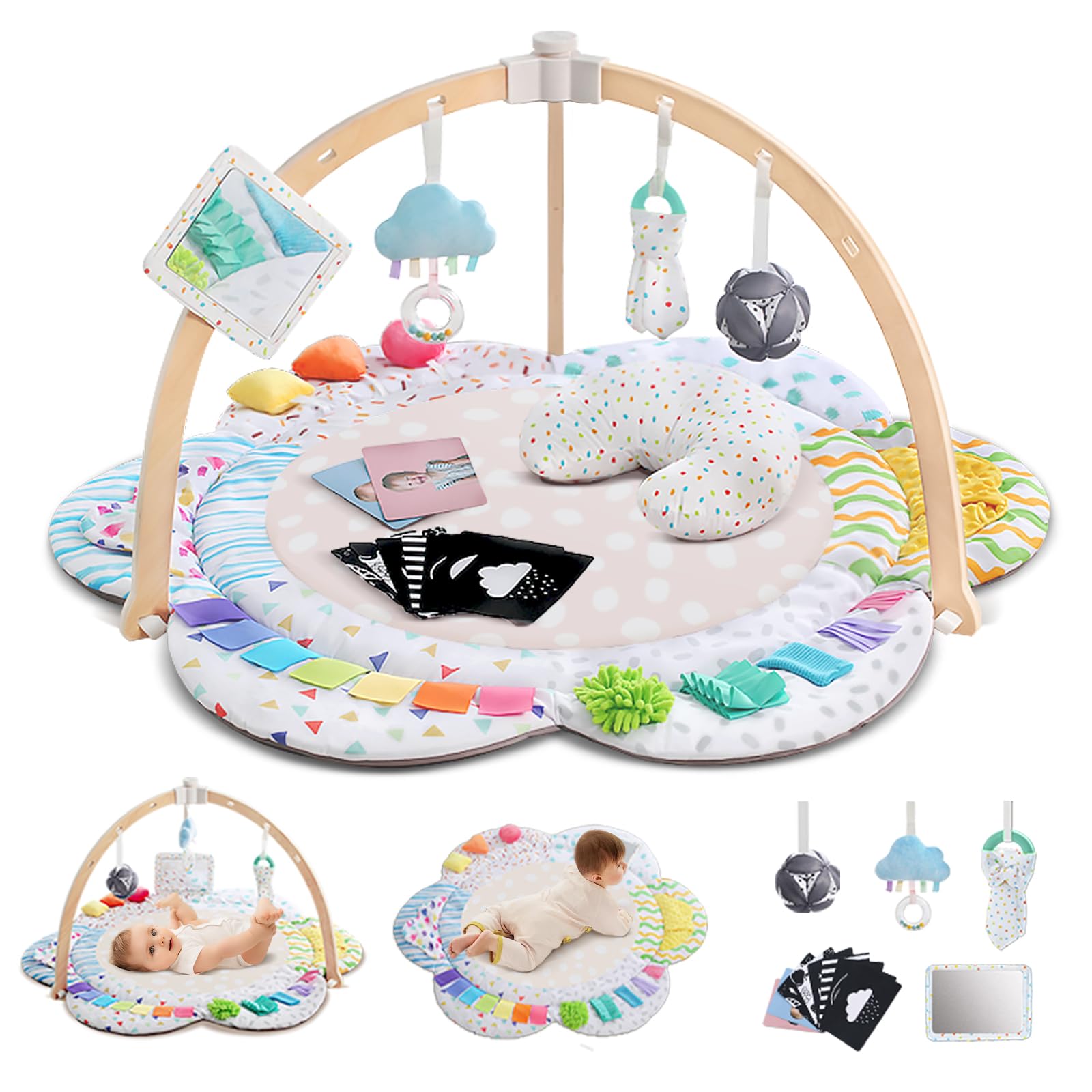 RAMOGIG baby play gym setup showing a large mat with six zones for exploration