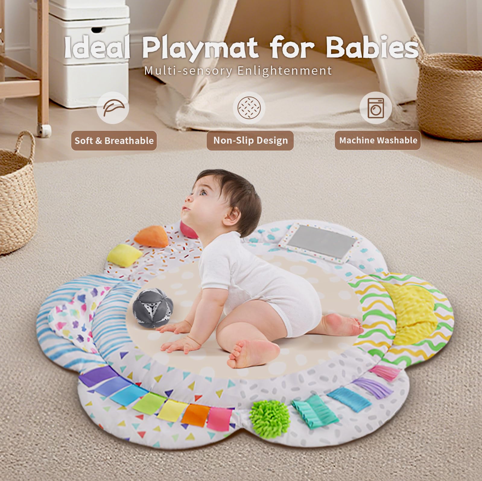 RAMOGIG tummy time mat with high-contrast visuals for tracking and play