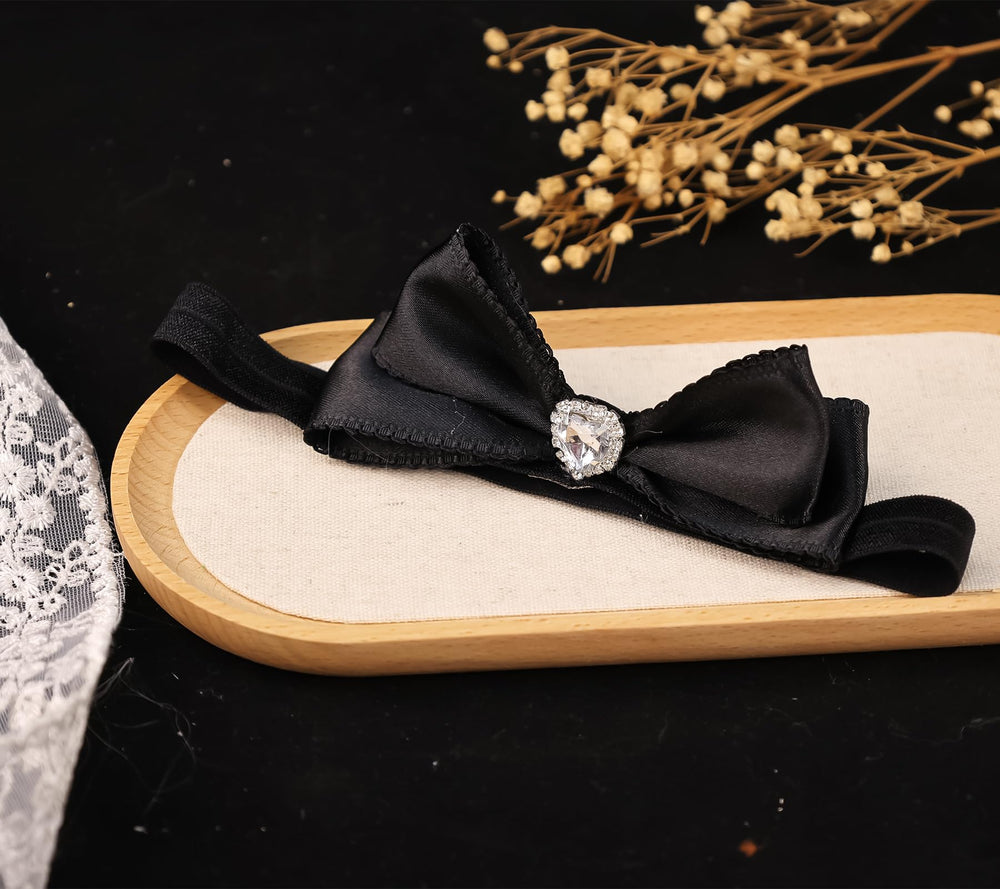 Rannyrena velvet gloss bow headband in pink enhances cute party outfits.