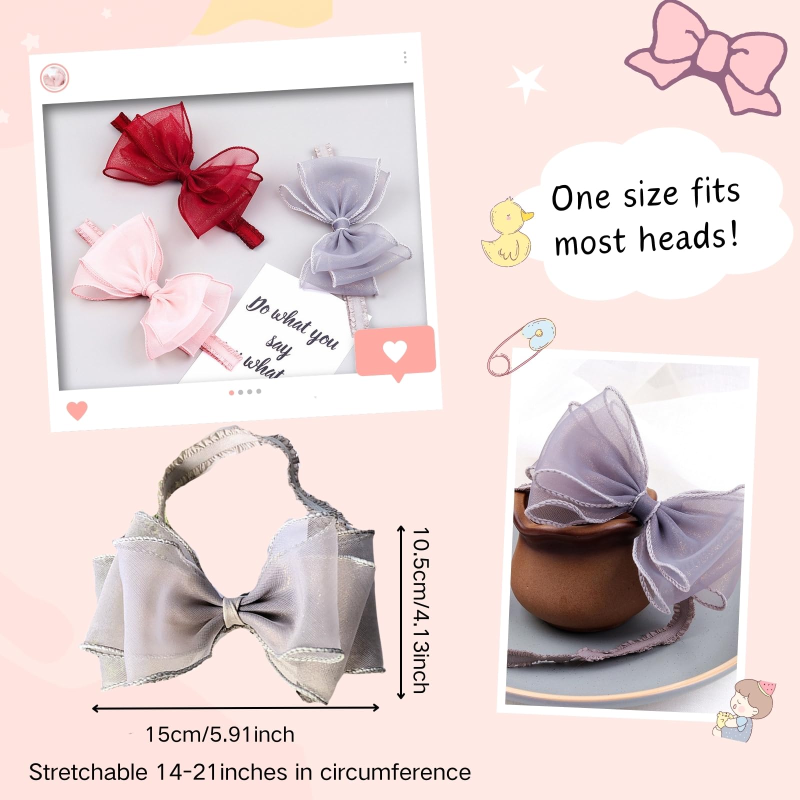Rannyrena chiffon bow headband grey elastic suitable for special occasions.