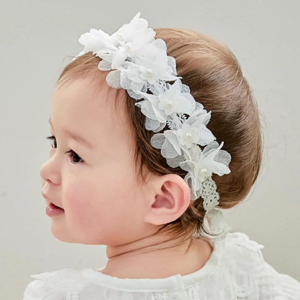 Rannyrena floral lace headband with white flower bow for baby photos