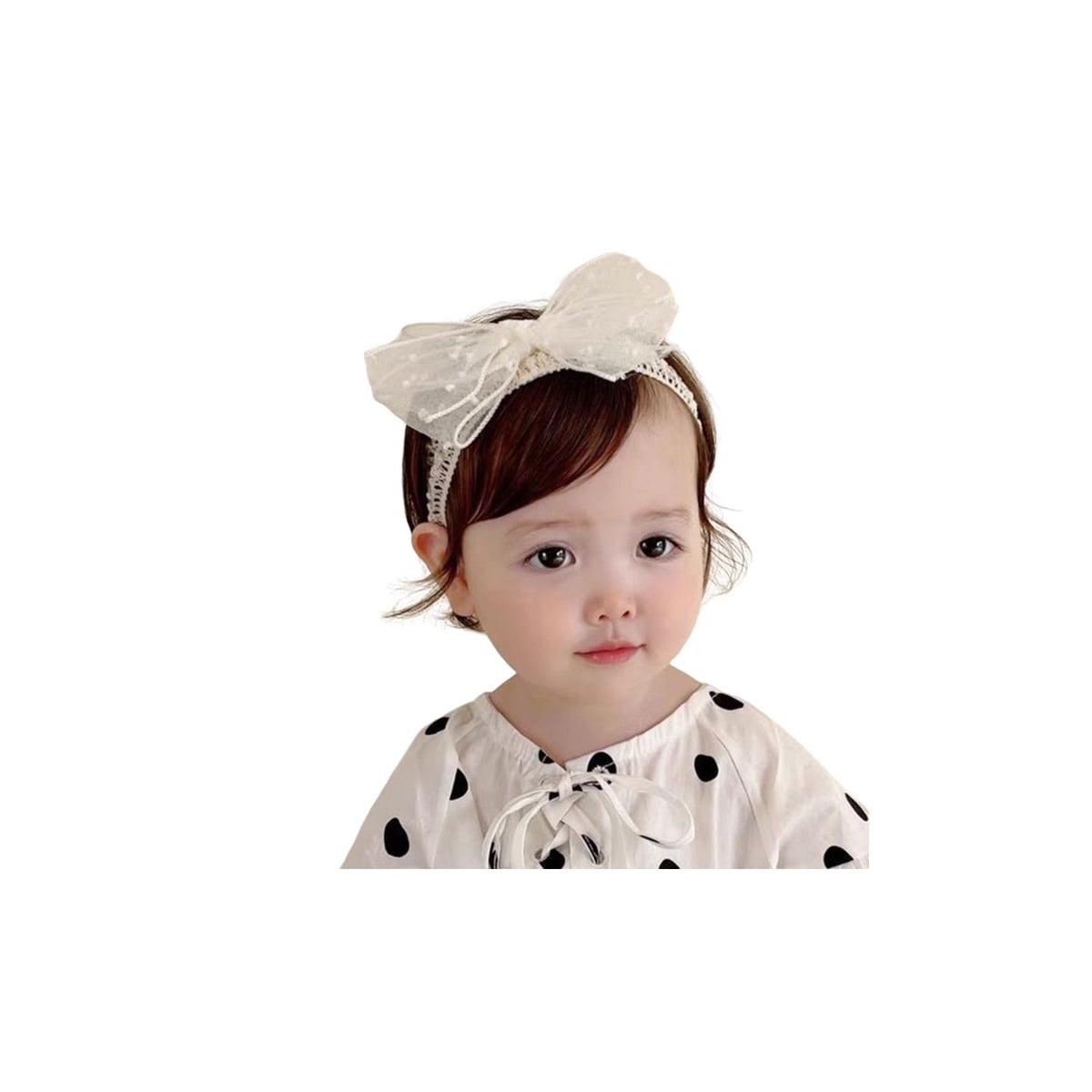 Rannyrena ivory lace bow headband closeup highlighting soft stretch