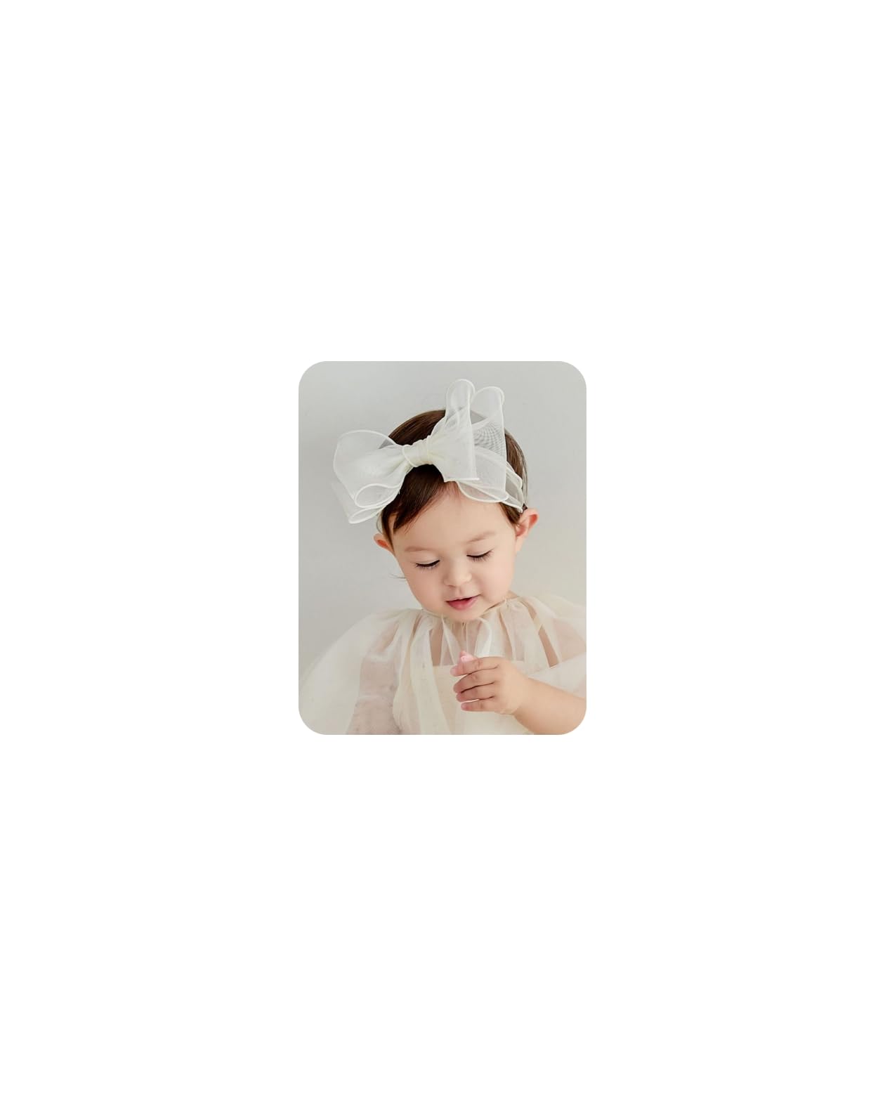 Rannyrena lace bow headband white closeup shows soft stretchy fabric for newborn comfort