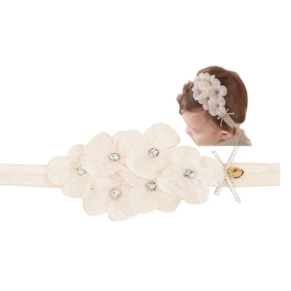 Rannyrena lace flower bow headband closeup showing soft stretch for comfy wear