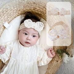 Rannyrena lace headband bow-knot white closeup perfect for newborn photos.