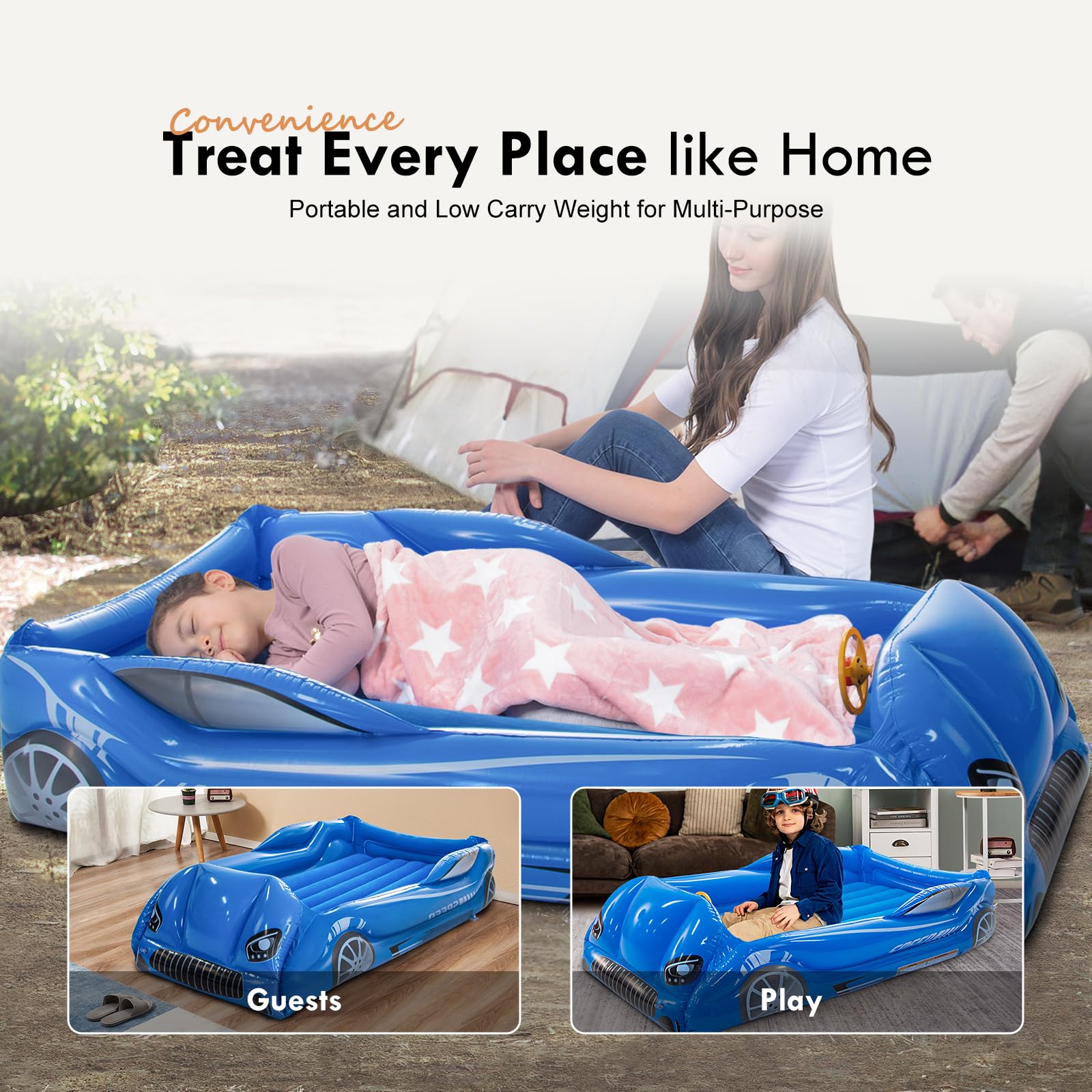 RAPTAVIS kids air mattress blue camping setup emphasizes portability for family trips.