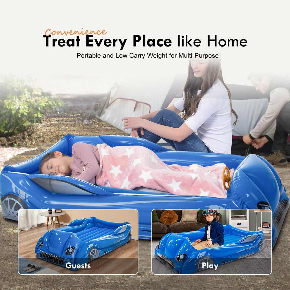 RAPTAVIS kids air mattress blue camping setup emphasizes portability for family trips.