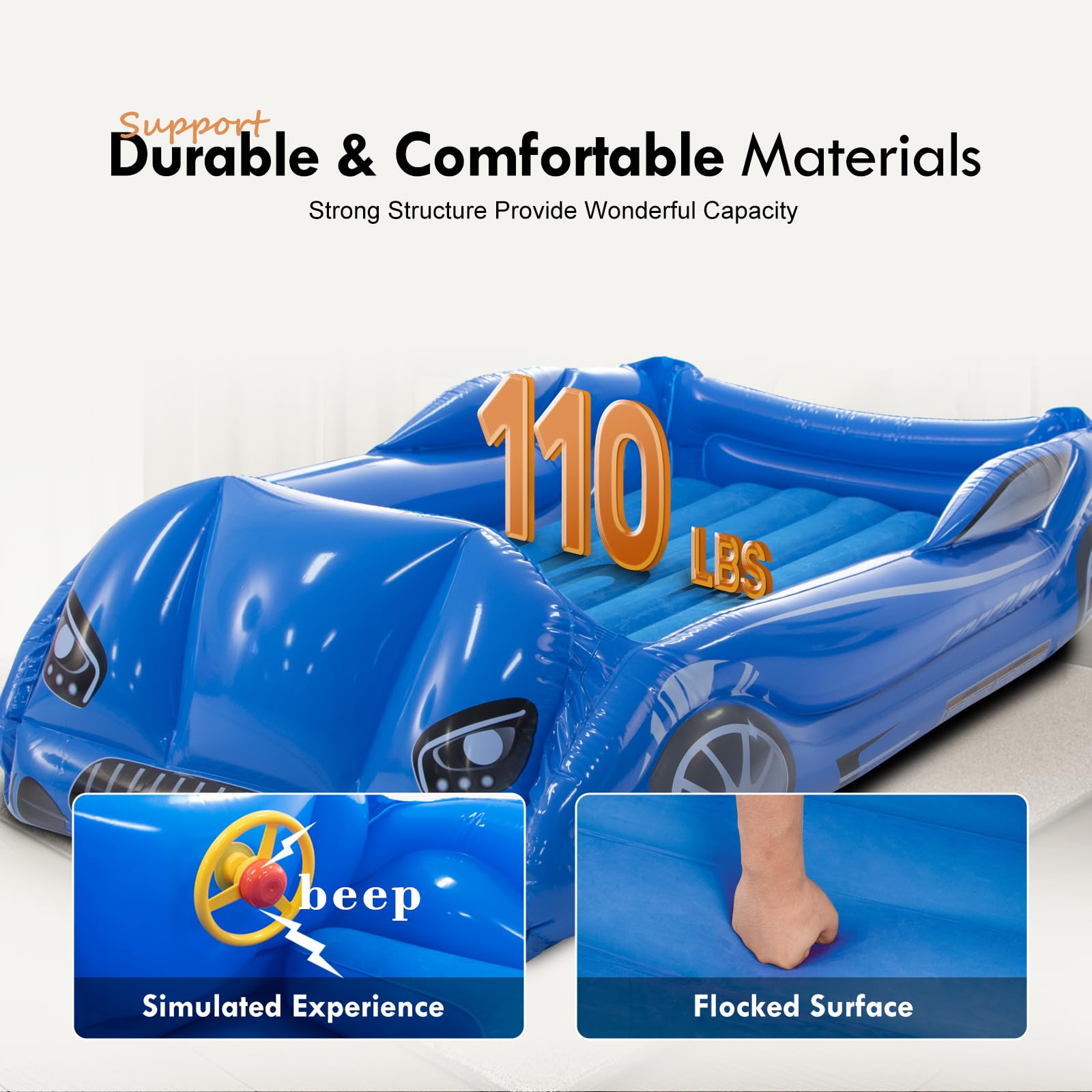 RAPTAVIS kids air mattress blue raised frame emphasizes extra stability during sleep.