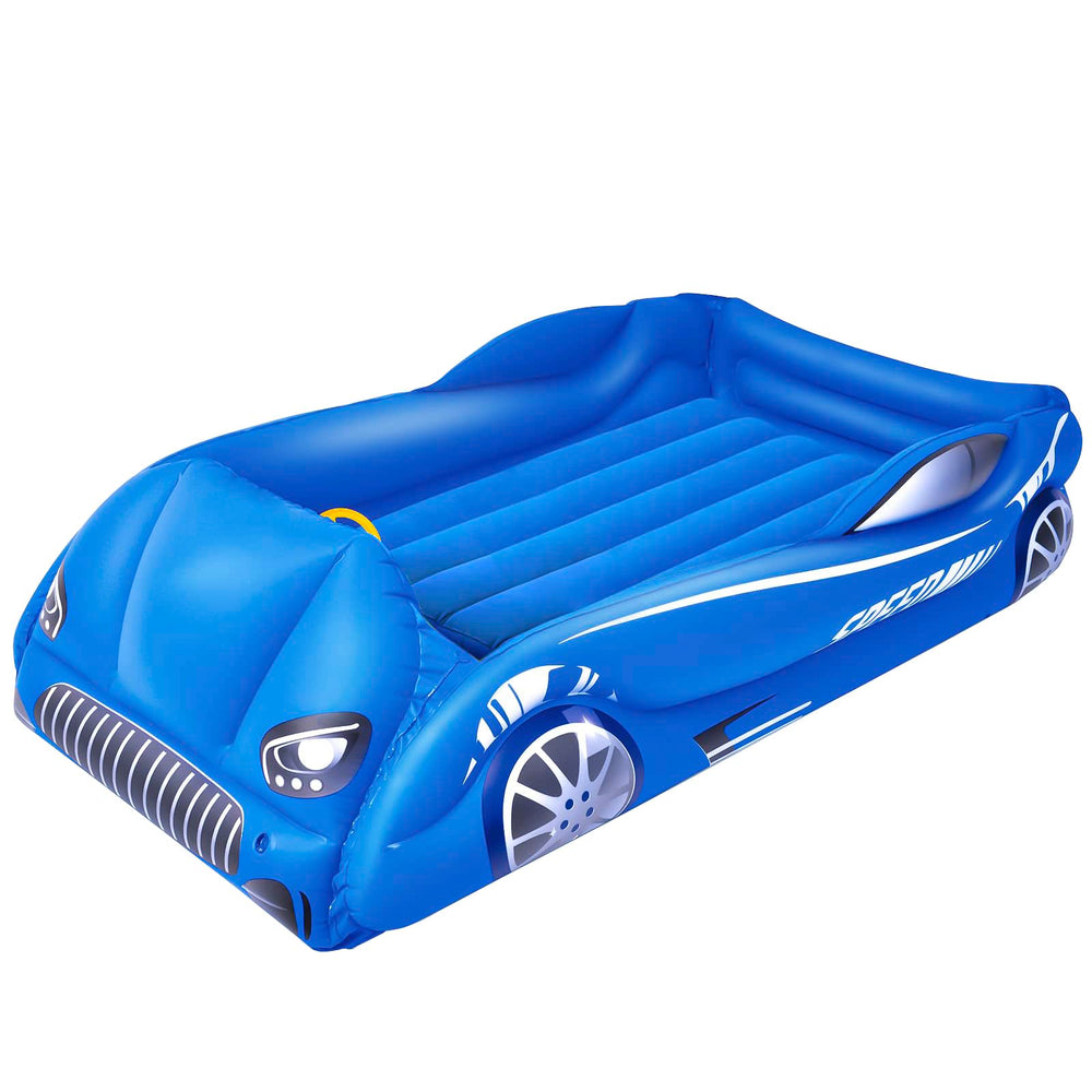 RAPTAVIS kids air mattress blue side view shows stable raised frame for safety.