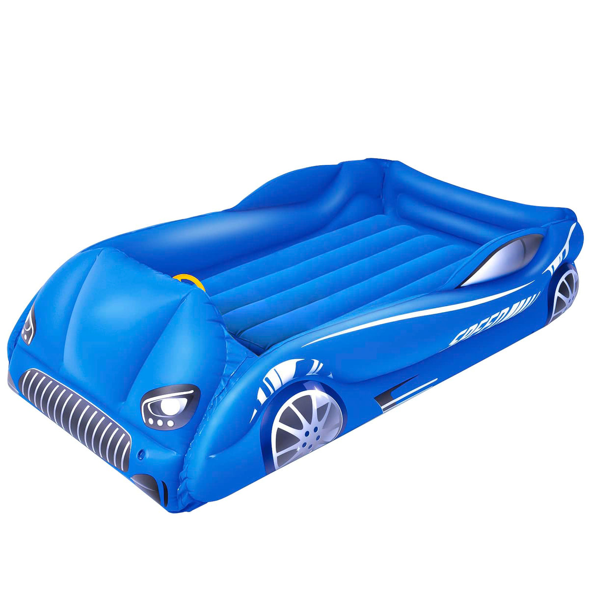 RAPTAVIS kids air mattress blue side view shows stable raised frame for safety.