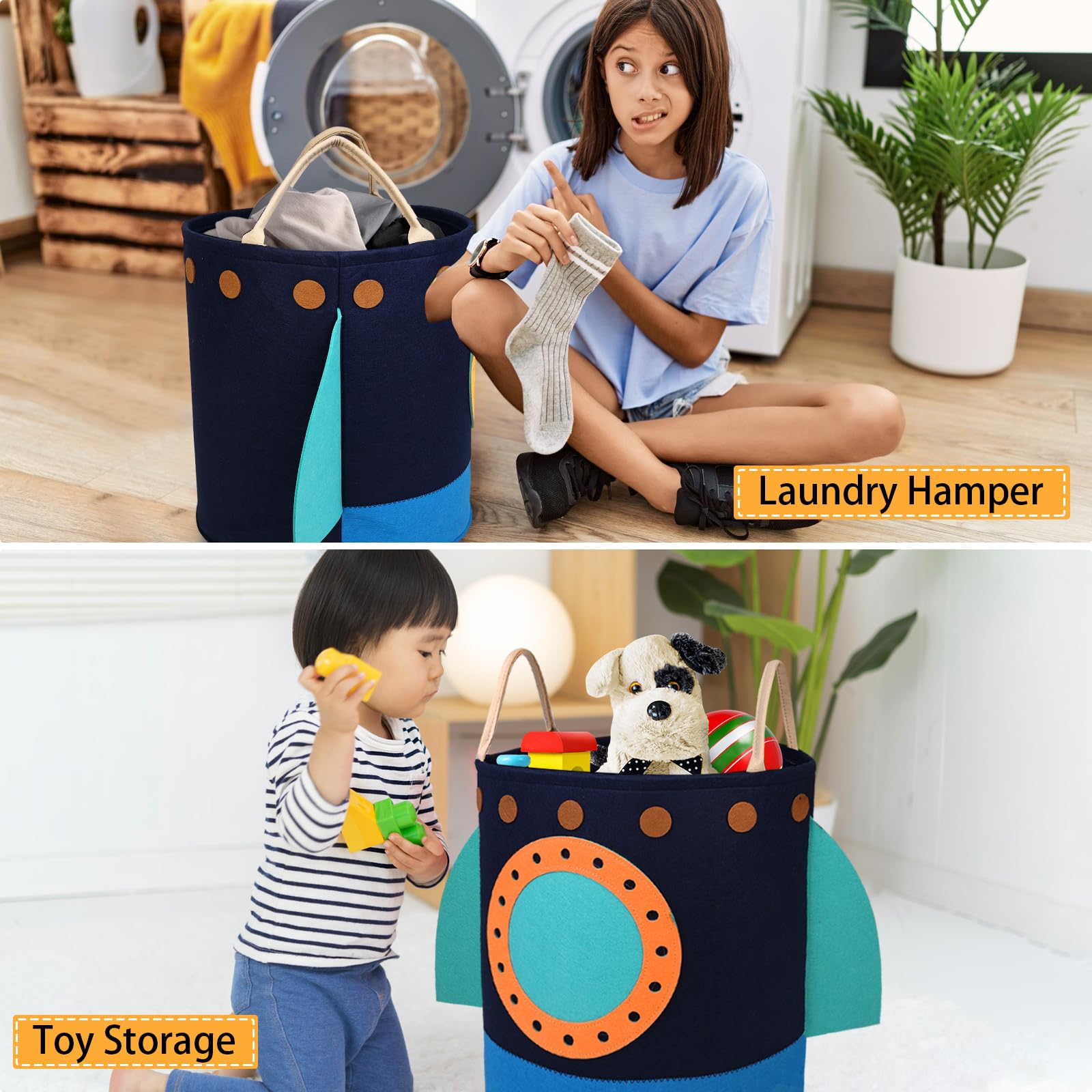 RareCi rocket hamper front view reveals roomy interior for clothes and plush toys.