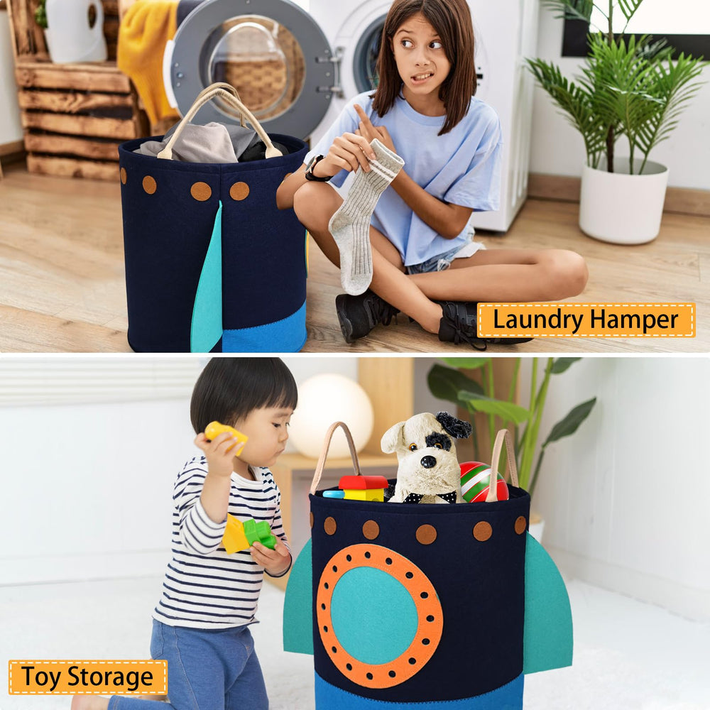 RareCi rocket hamper front view reveals roomy interior for clothes and plush toys.