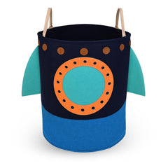 RareCi rocket hamper side view highlights sturdy carry handles for easy toy storage.