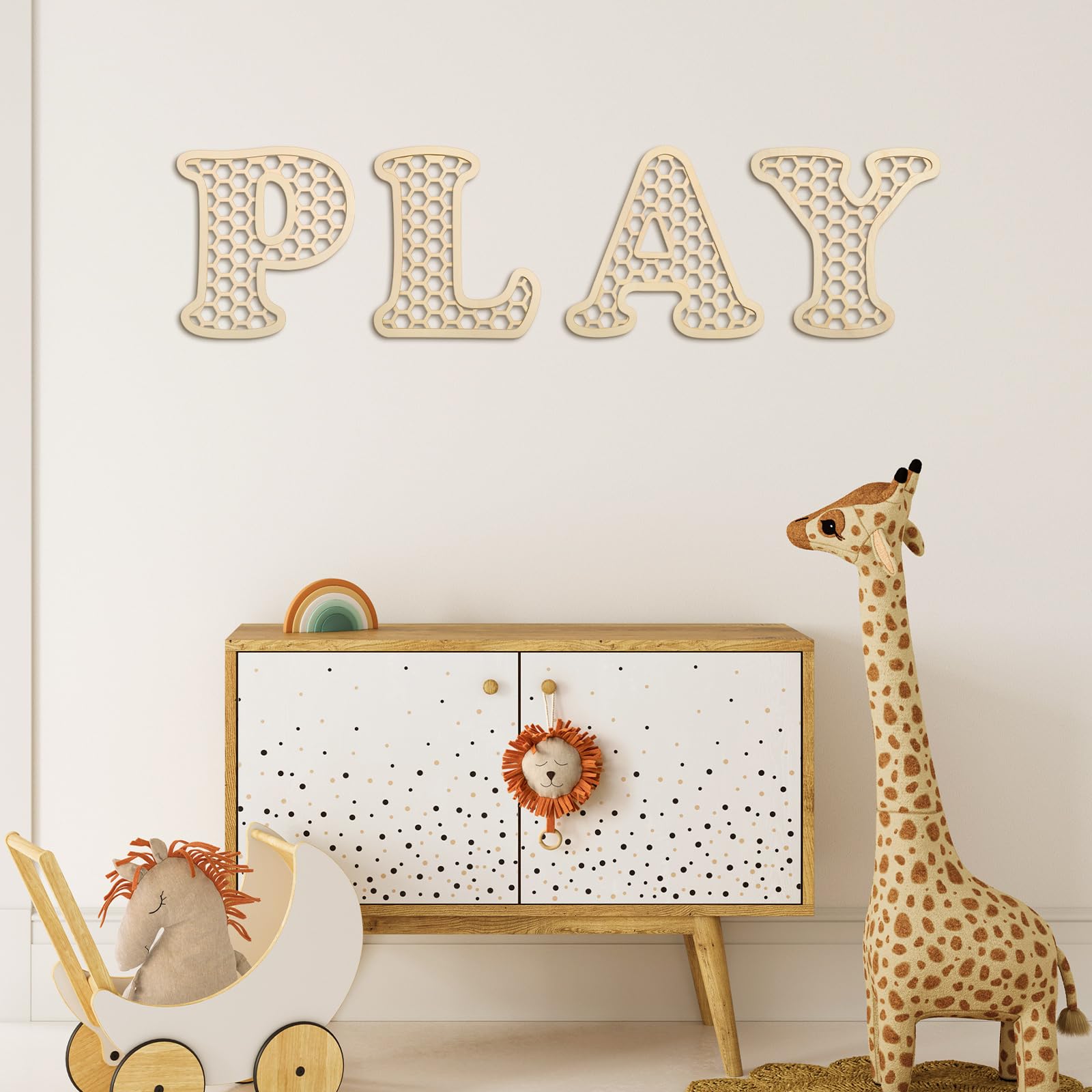 RattanView rustic bohemian letters frame enhances playroom mood with warm textures.