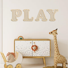 RattanView rustic bohemian letters frame enhances playroom mood with warm textures.