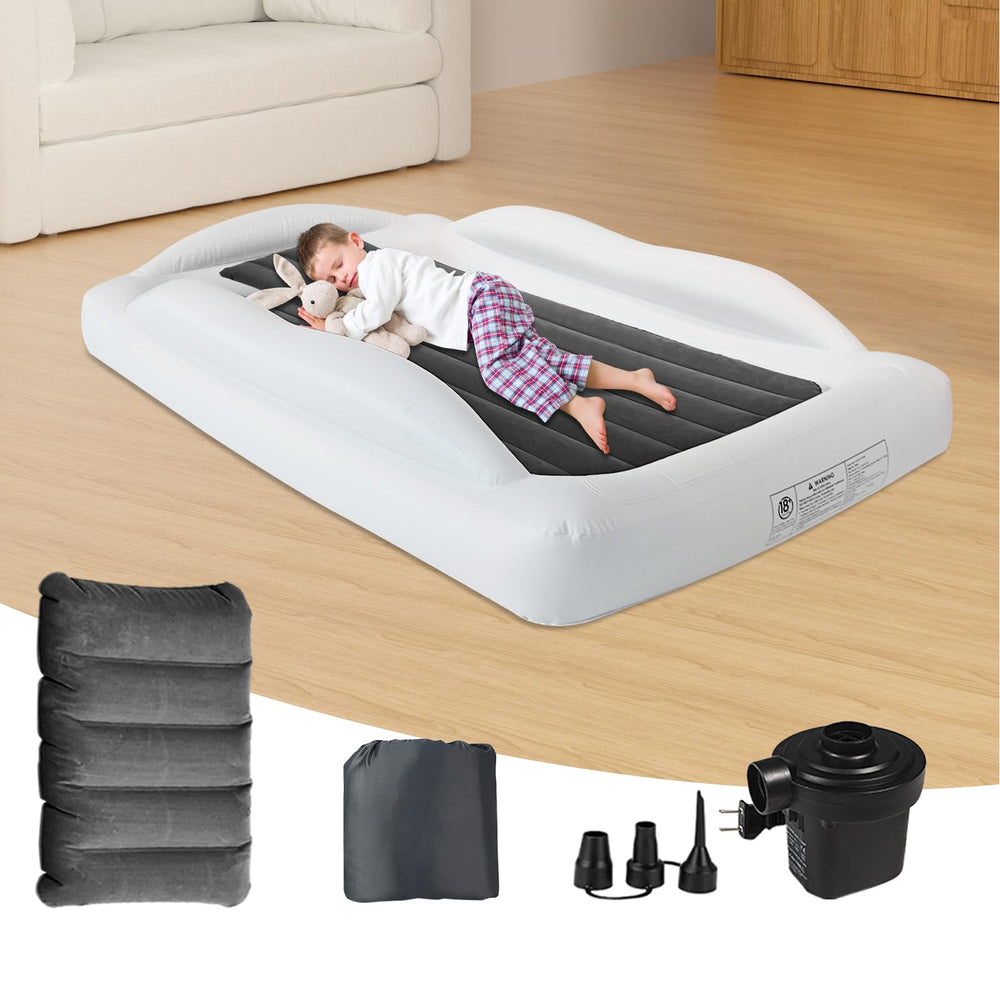 RAUMRIGGE inflatable toddler bed setup showing 61-inch surface for travel sleep