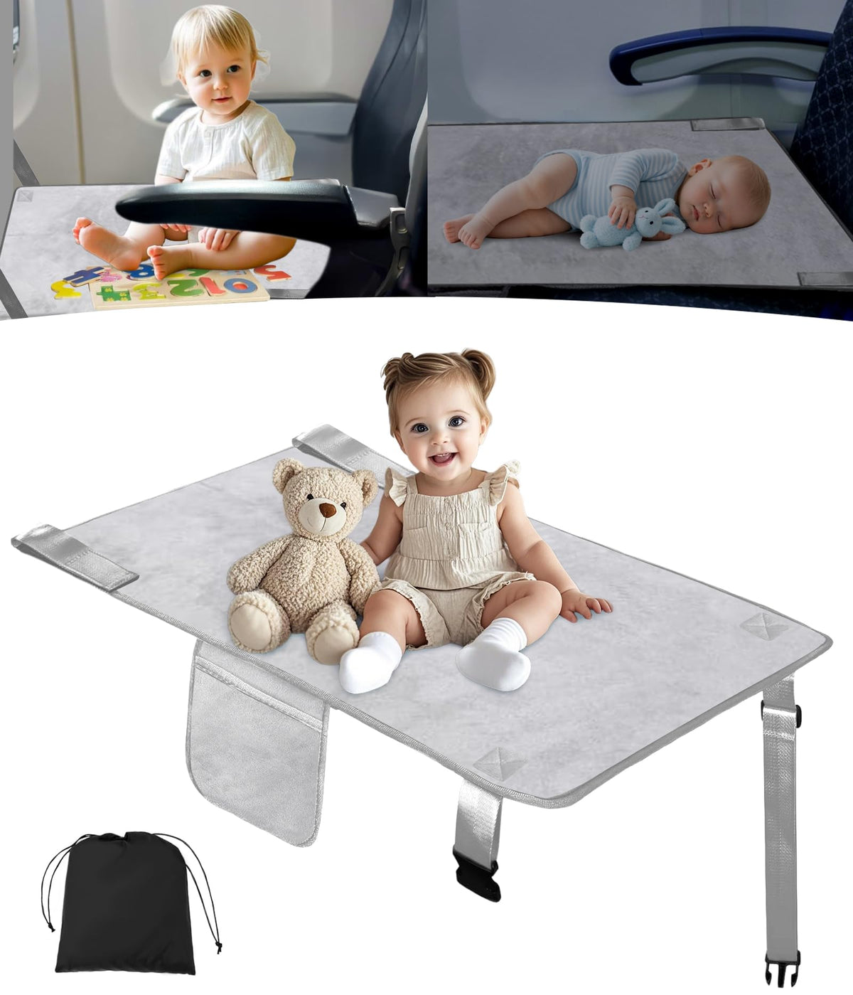 Ravasen Toddler Airplane Bed in use on a plane seat for comfy rest during flight.