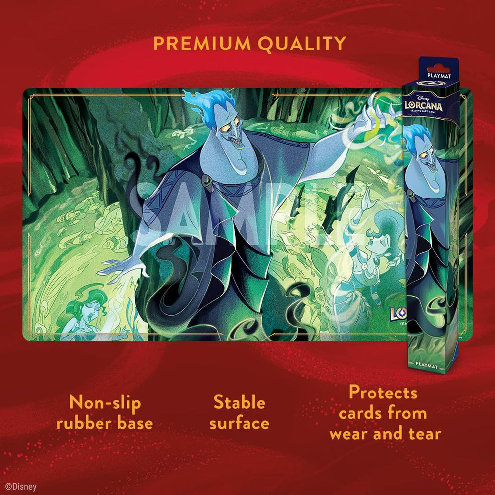Ravensburger Lorcana Hades playmat close-up highlights premium neoprene surface protecting cards.