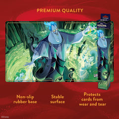 Ravensburger Lorcana Hades playmat close-up highlights premium neoprene surface protecting cards.